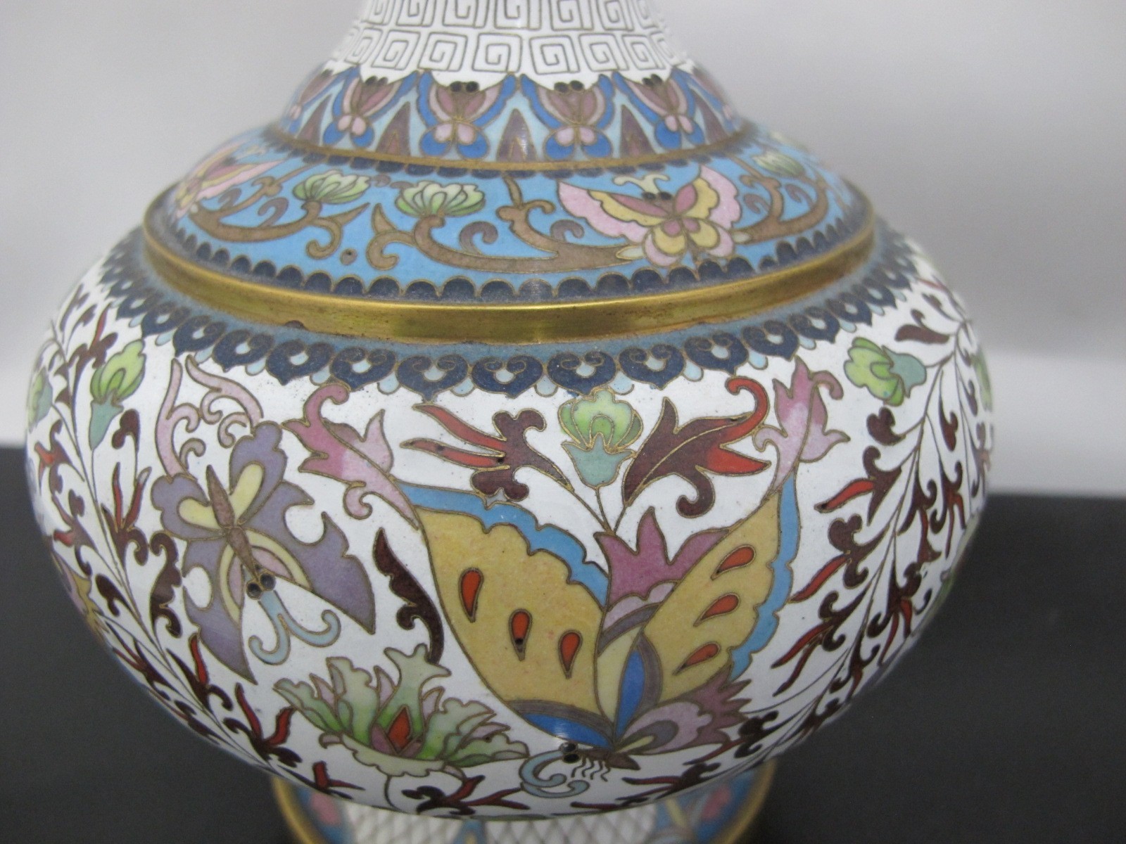 CHINESE White Enamel CLOISONNE Colorful Butterfly & Flower Vase Pair