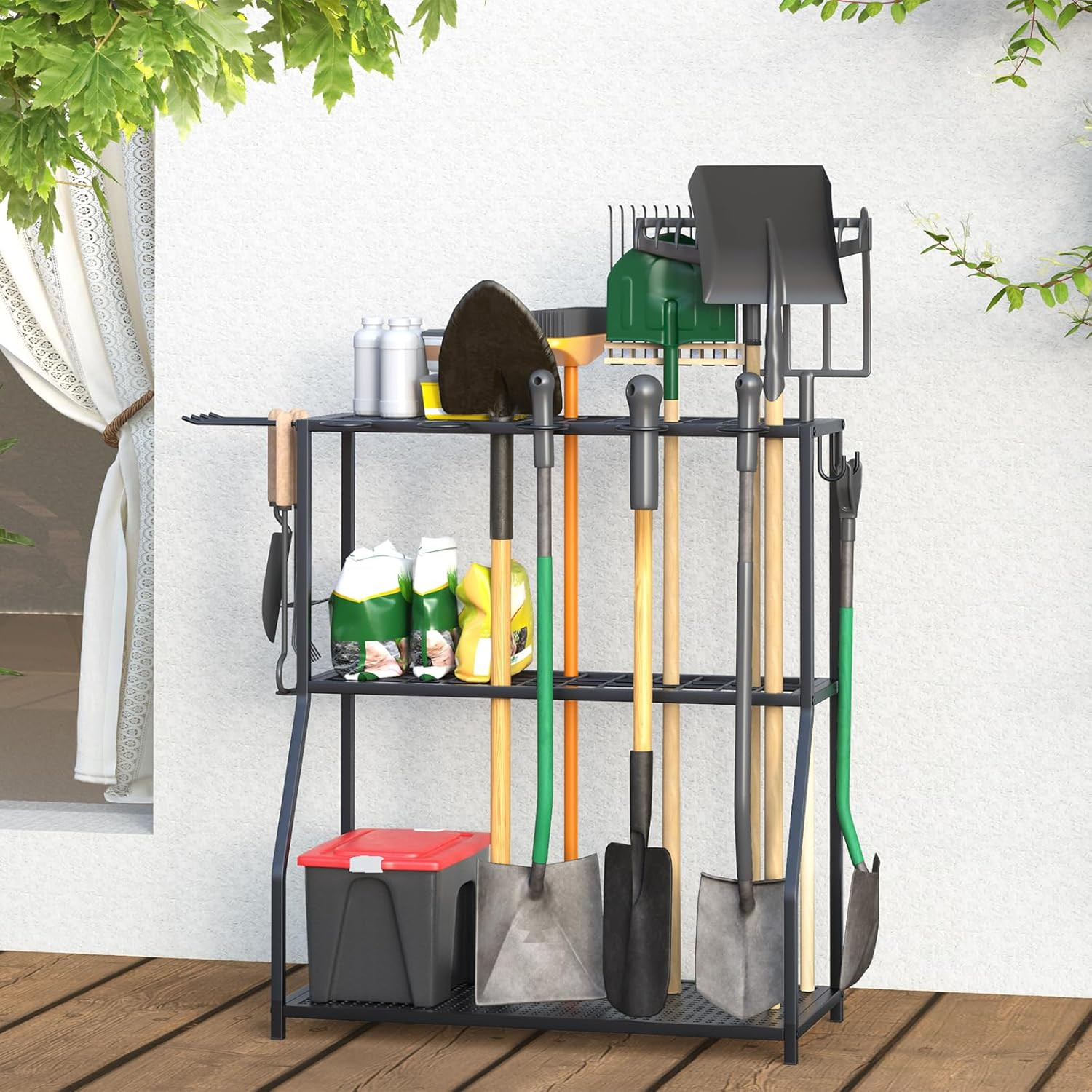 Yard Tool Storage Rack, Steel Organizer for Long-Handled Tools, Black