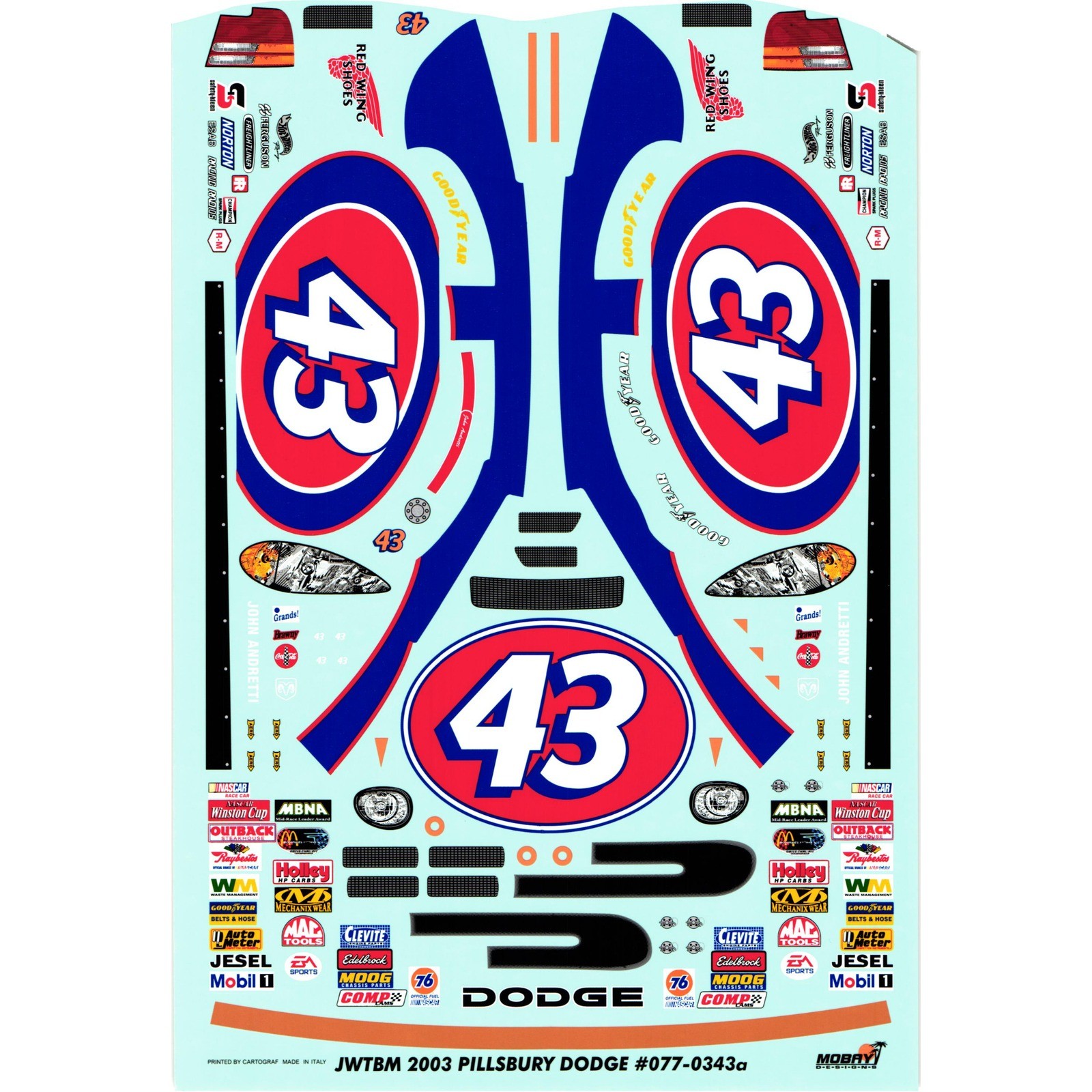 JWTBM John Andretti #43 2003 Pillsbury Dodge 1:25 Decal Set