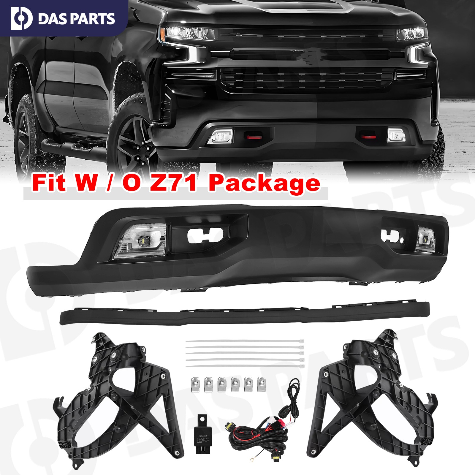 For 2019-2021 Silverado 1500 Front Bumper Cover Lower Valance W/LED Fog Lights