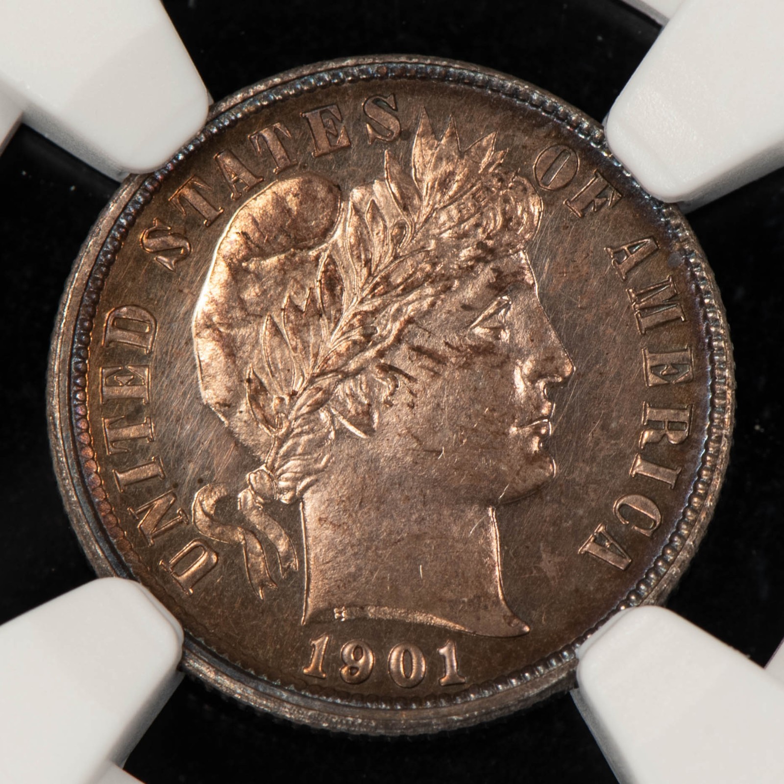 1901 10c Silver Barber Dime Proof Coin - Rainbow Rim Toning - NGC PF 62 - B5636