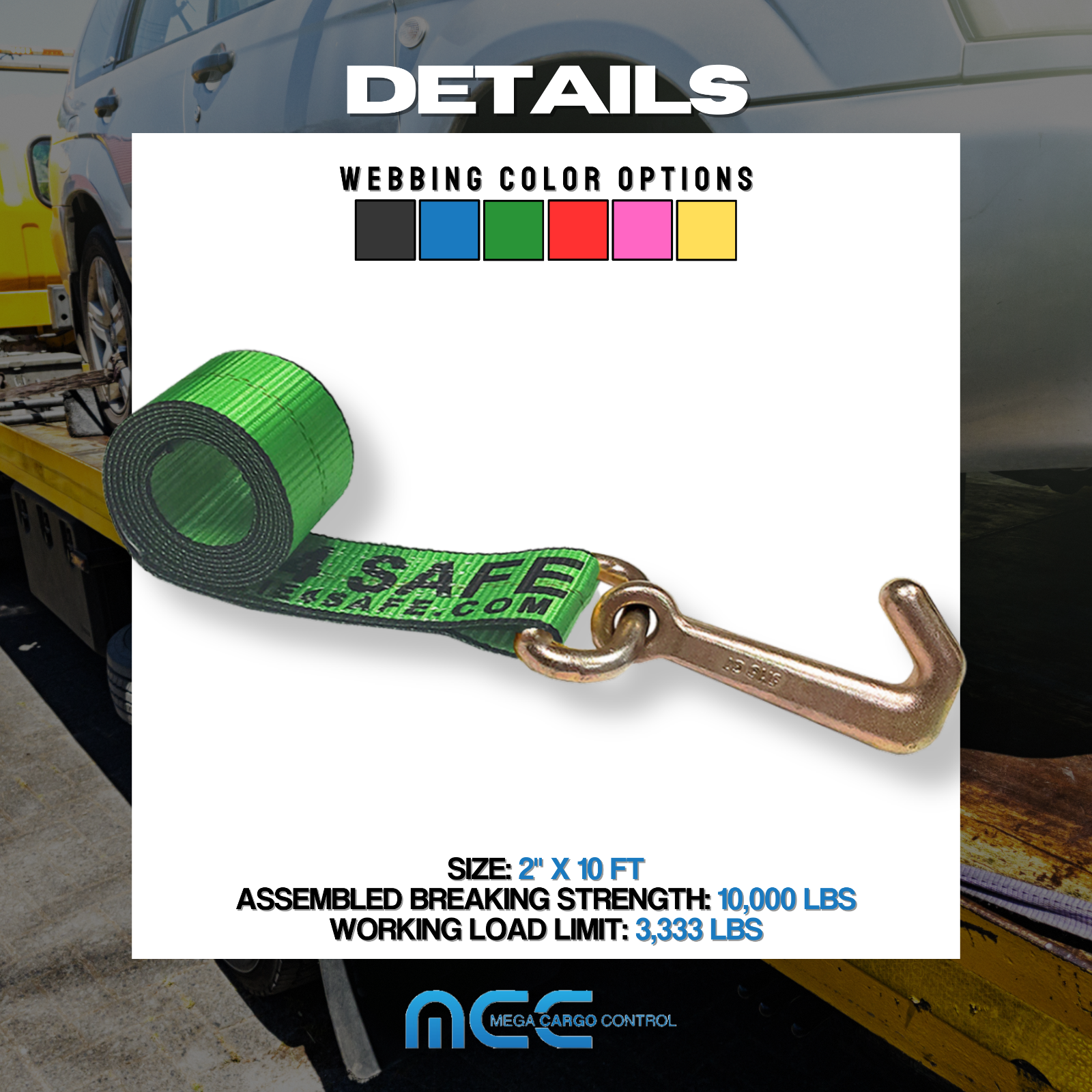 Heavy Duty G70 2" x 10' Mini J Hook Towing Trailer Wrecker Lasso Tie Down Strap