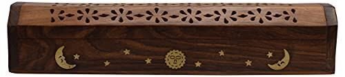 Coffin Style Wood Incense Burner Holder with Sun and Moon Inlays for Incense Sti