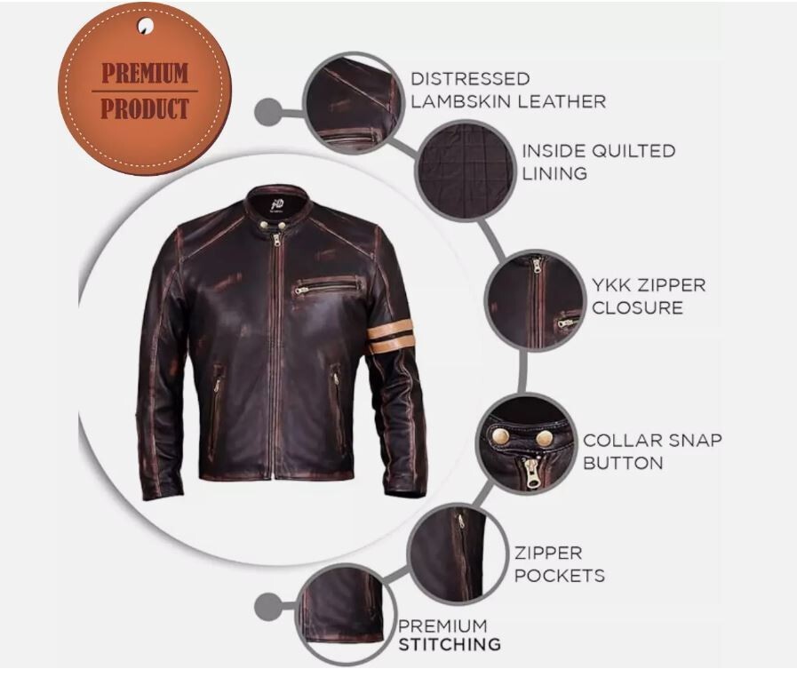 Men's Leather Jacket Motorcycle Distressed Café Racer Black Genuine Lambskin