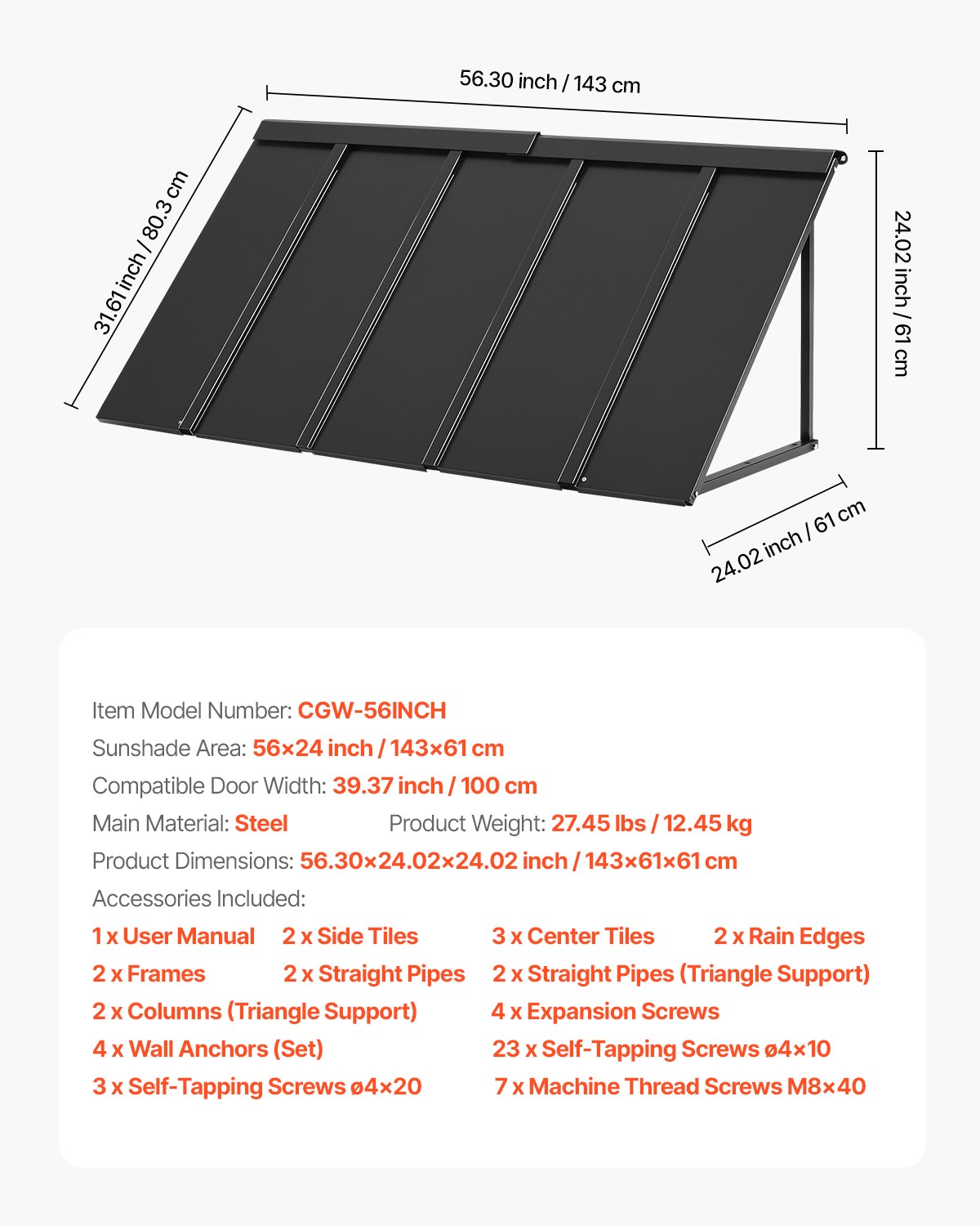 VEVOR Window Awning Door Canopy 56x24 in Outdoor Steel Front Door Awnings