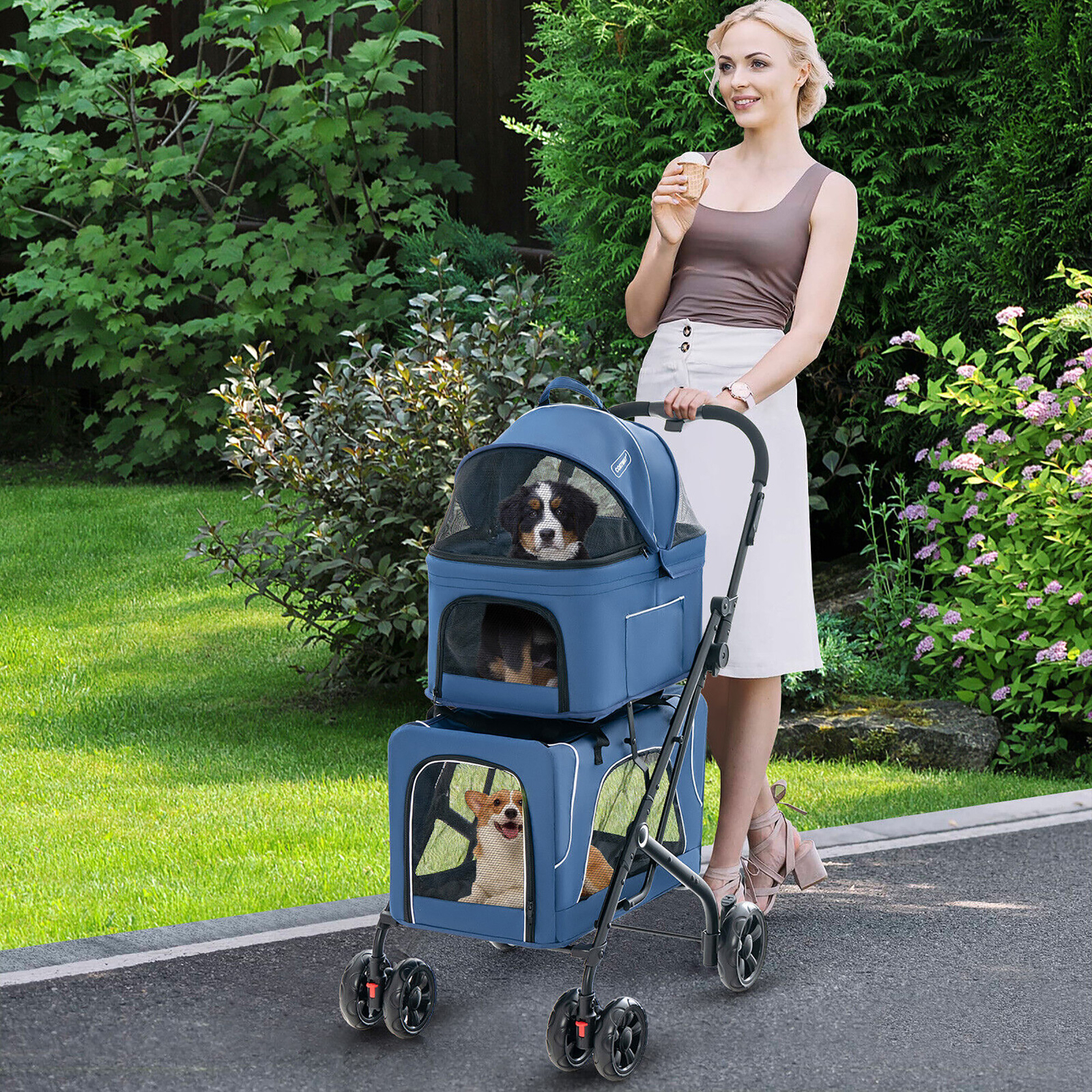 Double Pet Stroller for 2 Dogs or Cats w/ 2 Detachable Carriers Safety Belt Blue