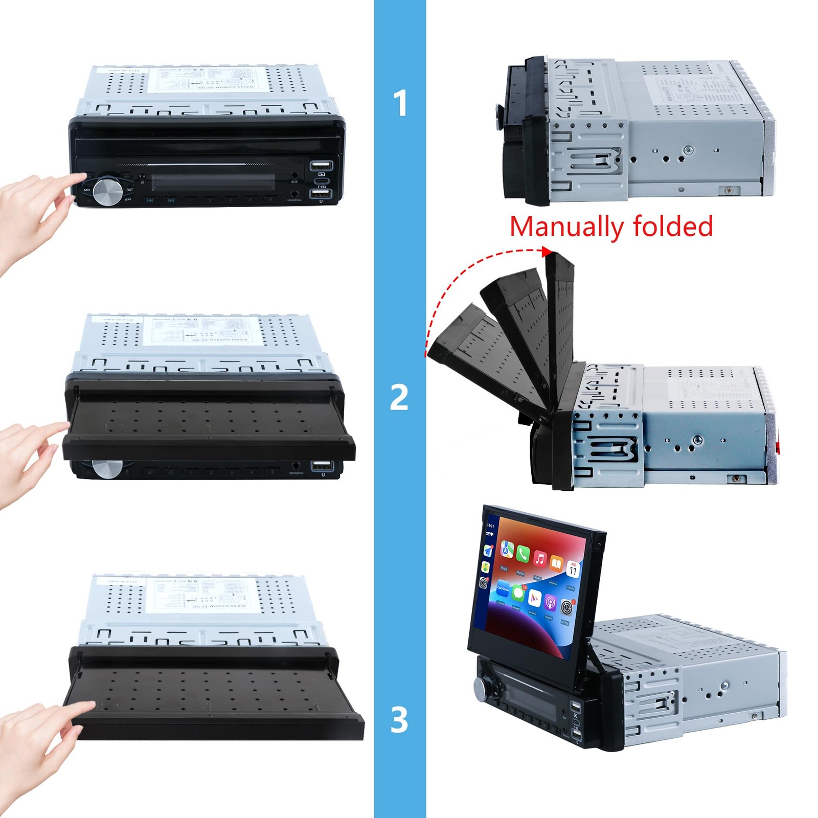 Single Din Car Stereo with Carplay ＆ Android Auto,7 Inch Flip-Out Touchscreen