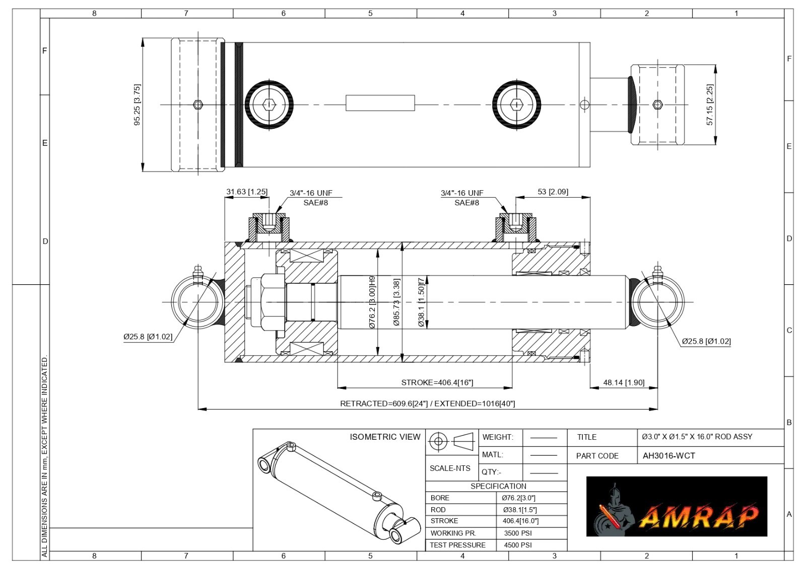 3x16 Hydraulic Cylinder- 3" Bore, 16" Stroke -Welded Cross Tube Cylinder(new)
