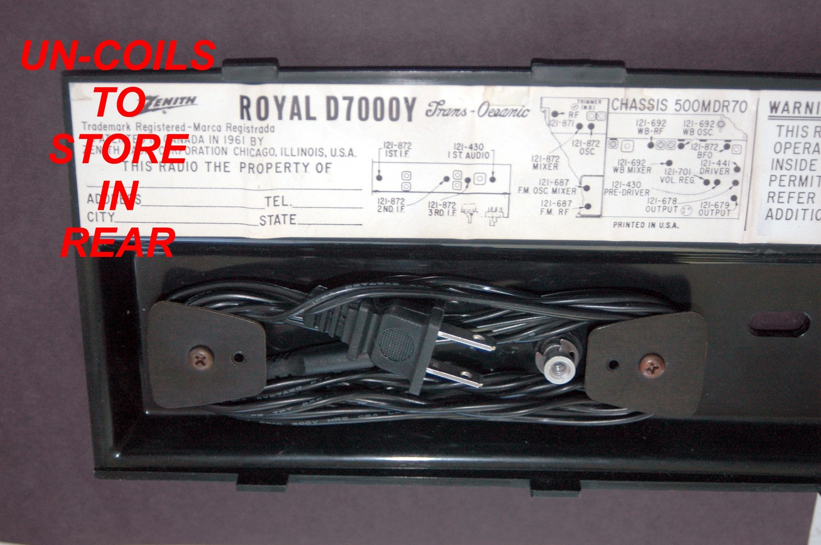 ROYAL D7000 SERIES ZENITH TRANSOCEANIC POWER SUPPLY CORD FOR ANY BLUE MAP RADIO