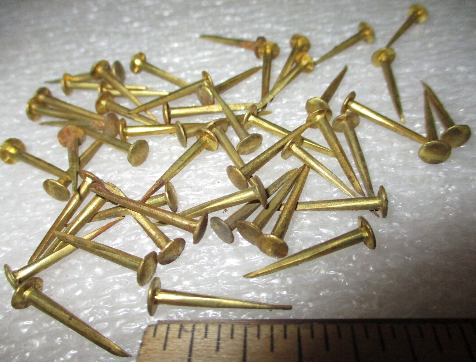 50-ANTIQUE SOLID BRASS 5/8" LONG CANOE TACKS-SHARP NAILS 13/64” ROUND DOMED HEAD