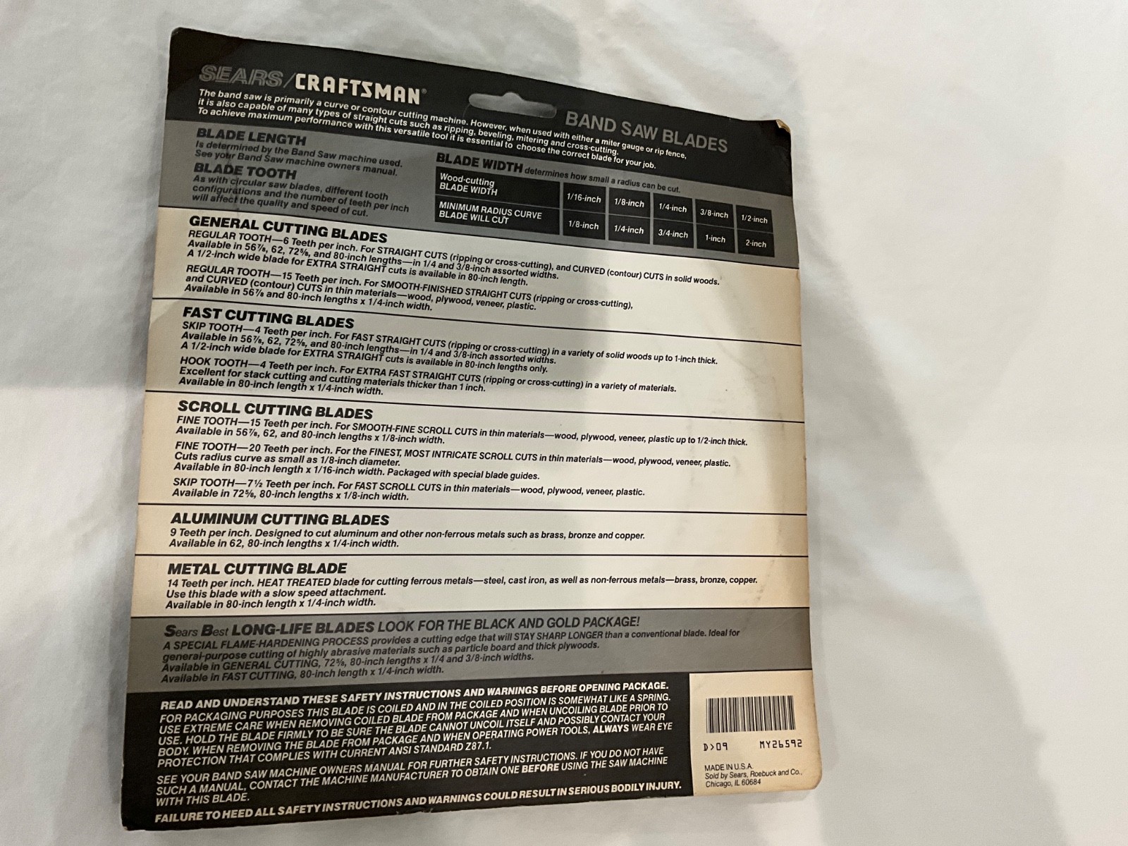 Craftsman 80” Band Saw Blade 926592 - 1/8 inch wide 15 teeth per inch, NOS