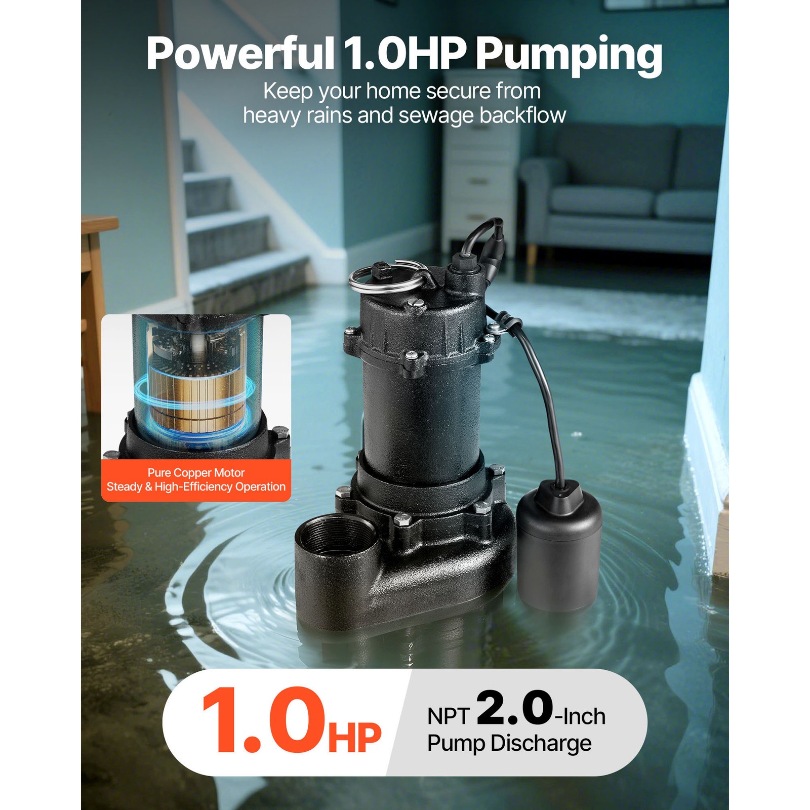 Uimoso 1 HP Submersible Sewage Pump, Cast Iron, 5200 GPH, 25 ft