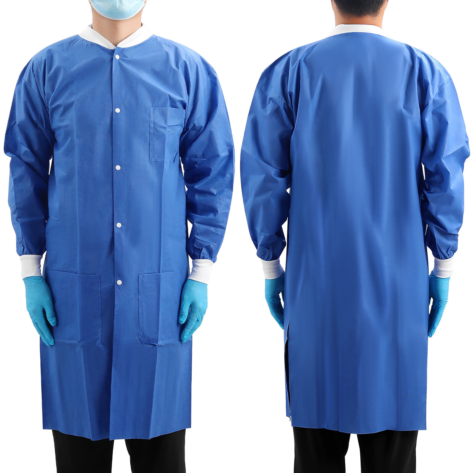 Medical Dental Disposable Lab Coat Gown Knee Length 3 Pockets SMS Jackets 40g
