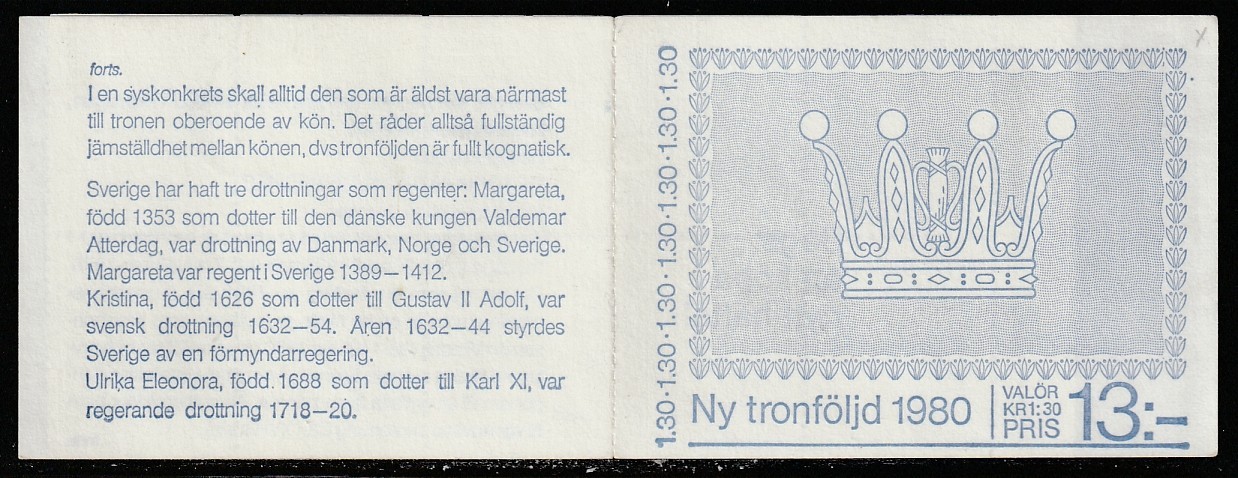 Sweden 1980 Sc # 1318a Princess & Gustaf Complete Booklet MNH