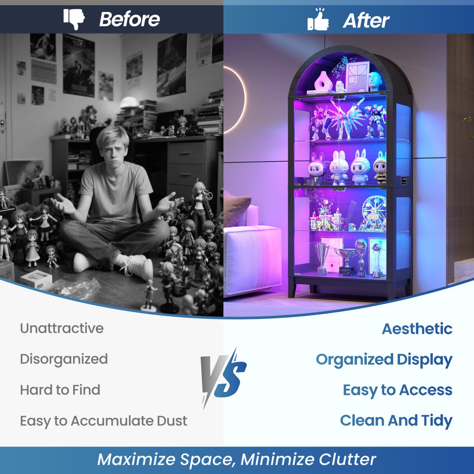 Black Curio Cabinet with Glass Doors, 69" Arched Display Cabinet with RGB Lights