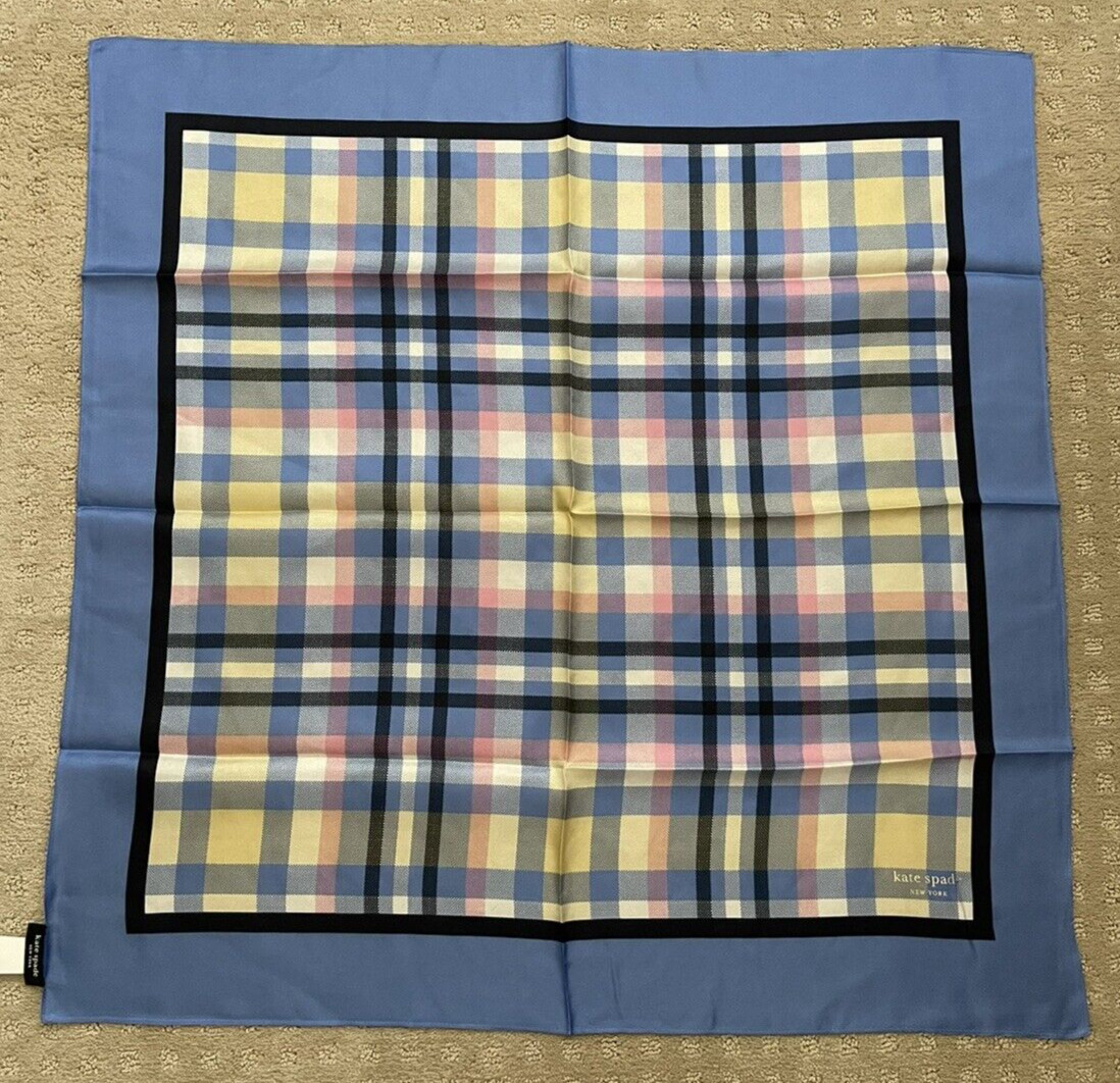 NWT Kate Spade Garden Plaid Square Silk Scarf $88 SAPPHIRE HAZE