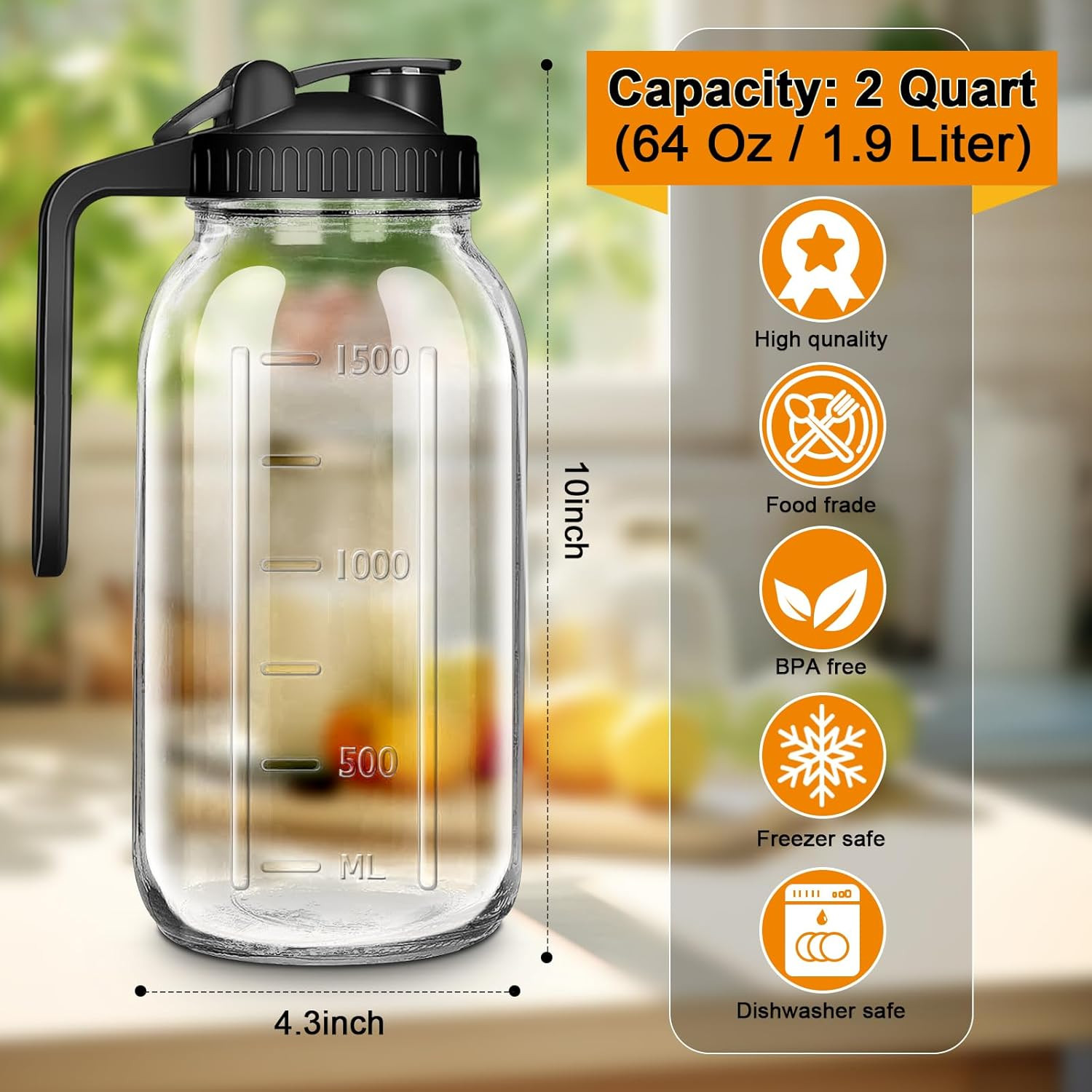 64Oz Glass Pitcher with Lid, 2 Quart Mason Jar Pitcher with Lid and Spout, Wide