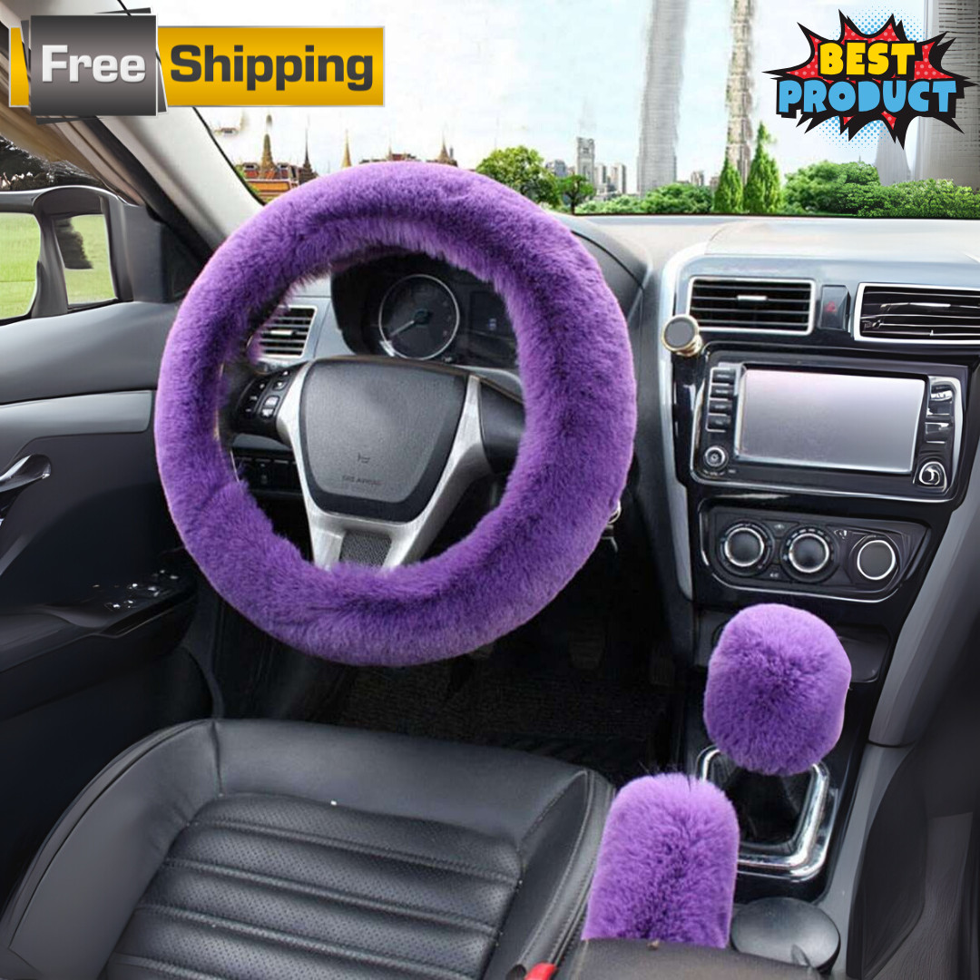 3 Pcs Fluffy Car Steering Wheel Cover, Handbrake & Gear Shift Solid Cover Set