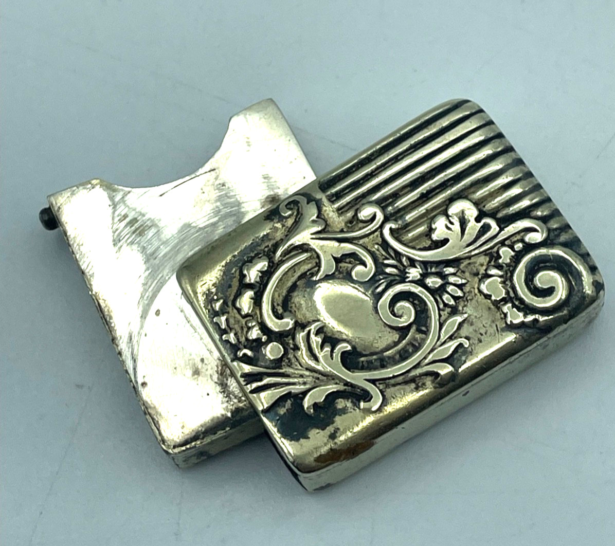 Antique Small Match Safe Vesta case silver plate Victorian ornate flip-open box