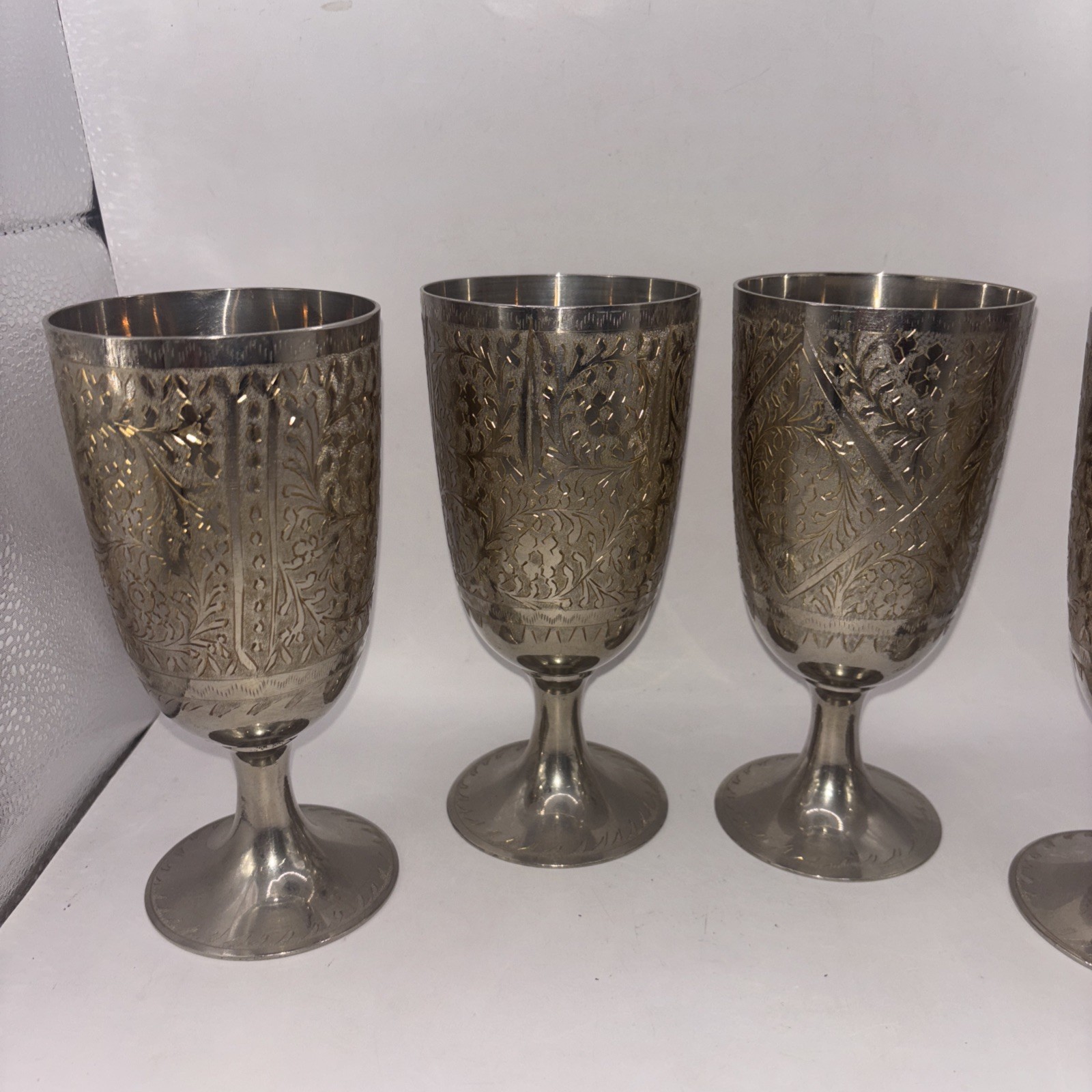 4 ZY India Modern Vine Heavy Wine Goblet Silver Plated 7” Etched Engraved