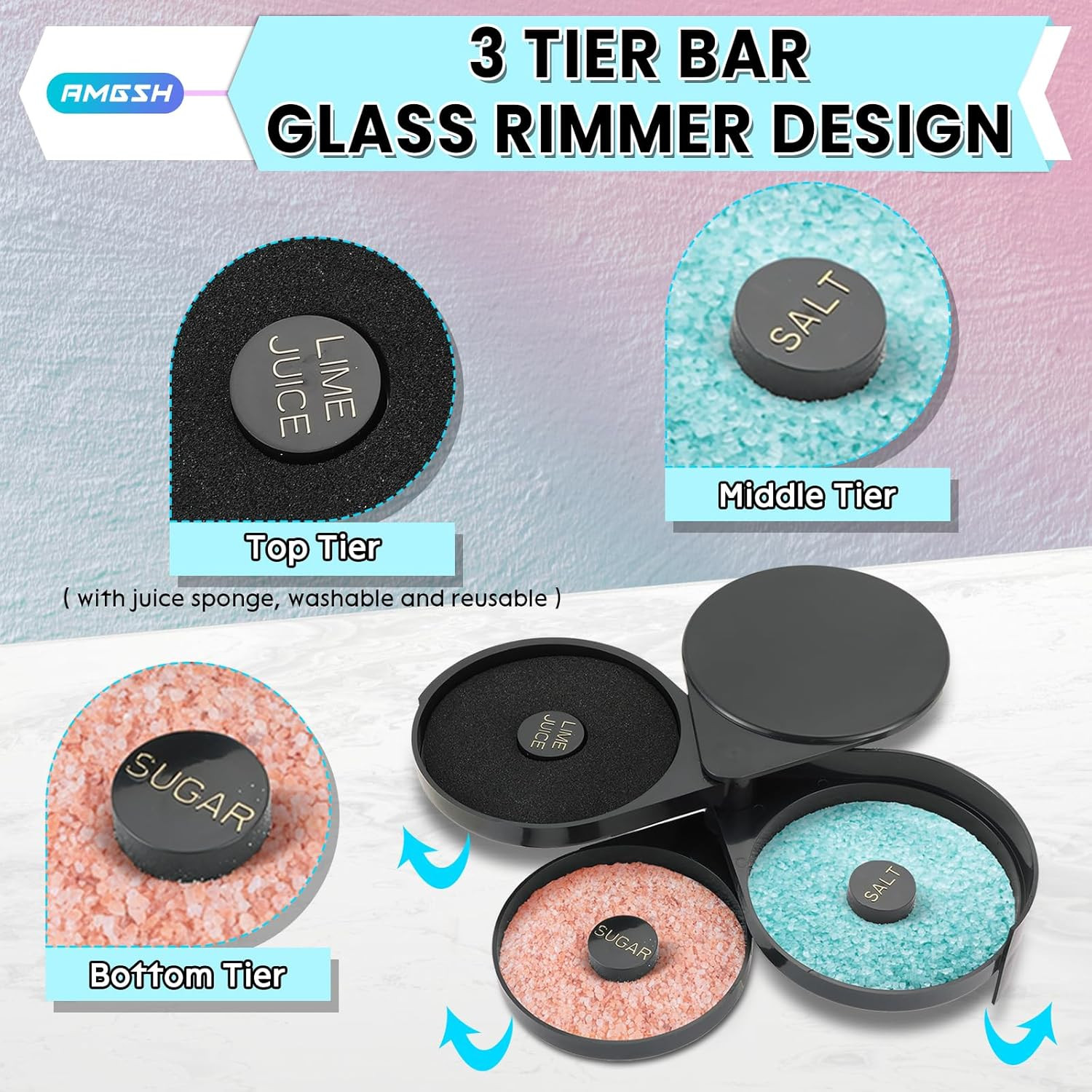 3-Tier Bar Glass Rimmer Bartender Tool with Sponge | Margarita Salt Rimmer Set,S