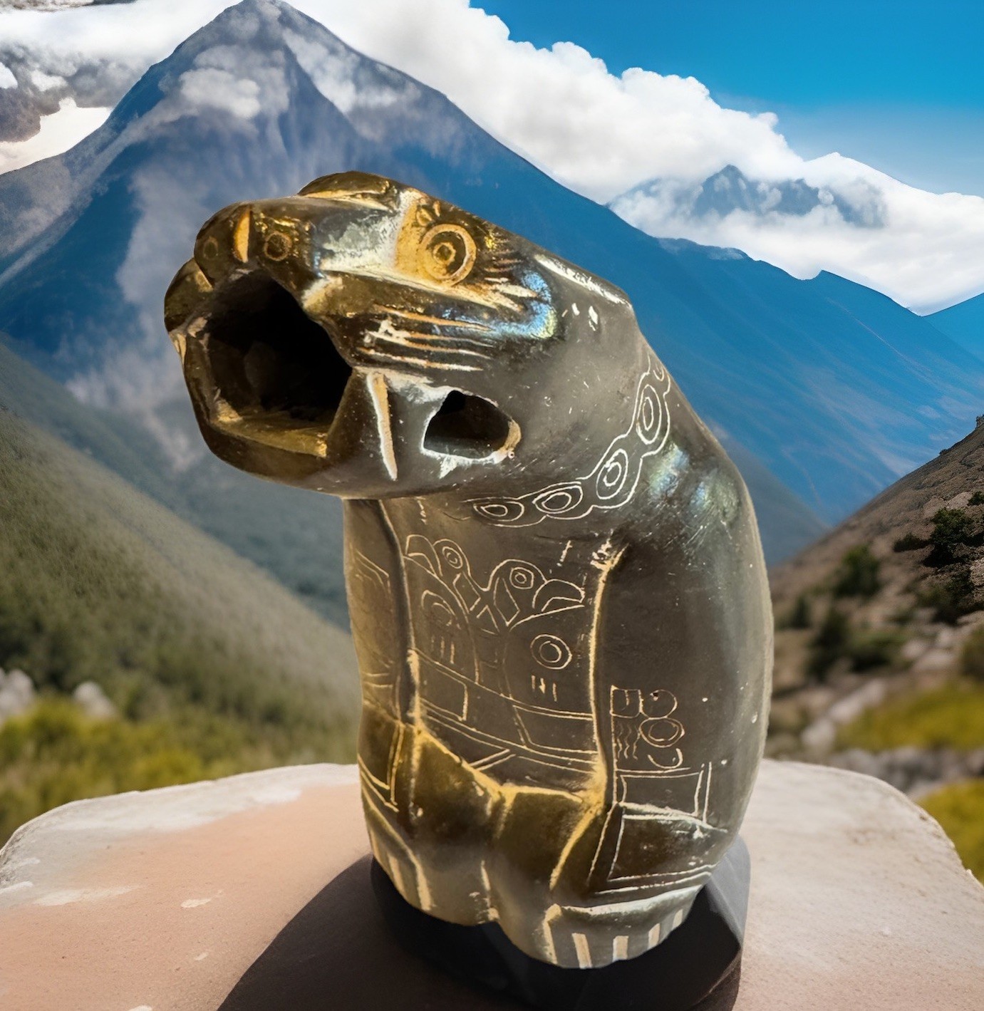 Hand Carved Stone Jaguar Statue Mythical Pre-Columbian Form Bolivian Chachapuma