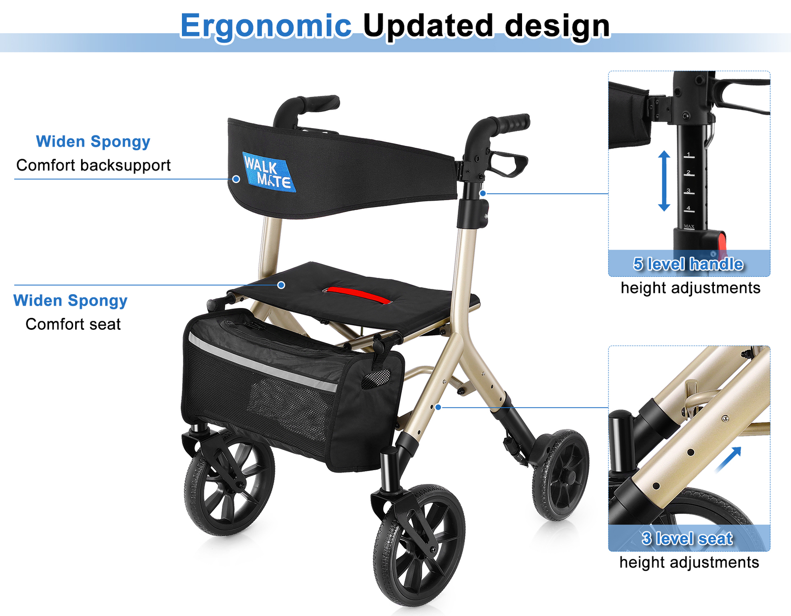 Walk Mate Rollator Walker Heavy Duty Folding 300lb Rolling Wide Seat w/ 4 Wheels