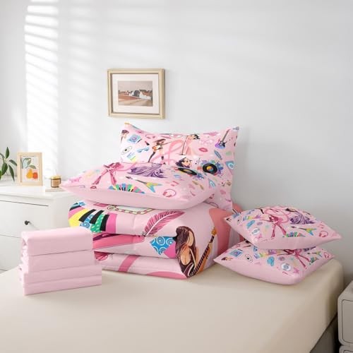 Kids Music Singer Comforter Set with Sheets Size, Rock Music Twin Pink Purple