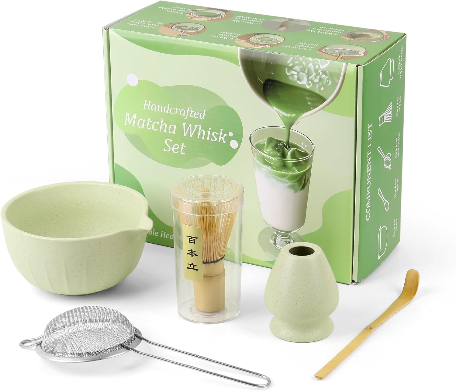 Matcha Whisk Set, Matcha Bowl with Spout, Matcha Whisk & Holder, Stainless