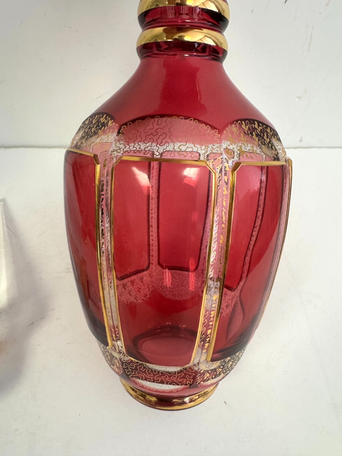 Vintage Bohemian Cranberry Crystal Decanter 18.25" H w/Gold Accents Moser?