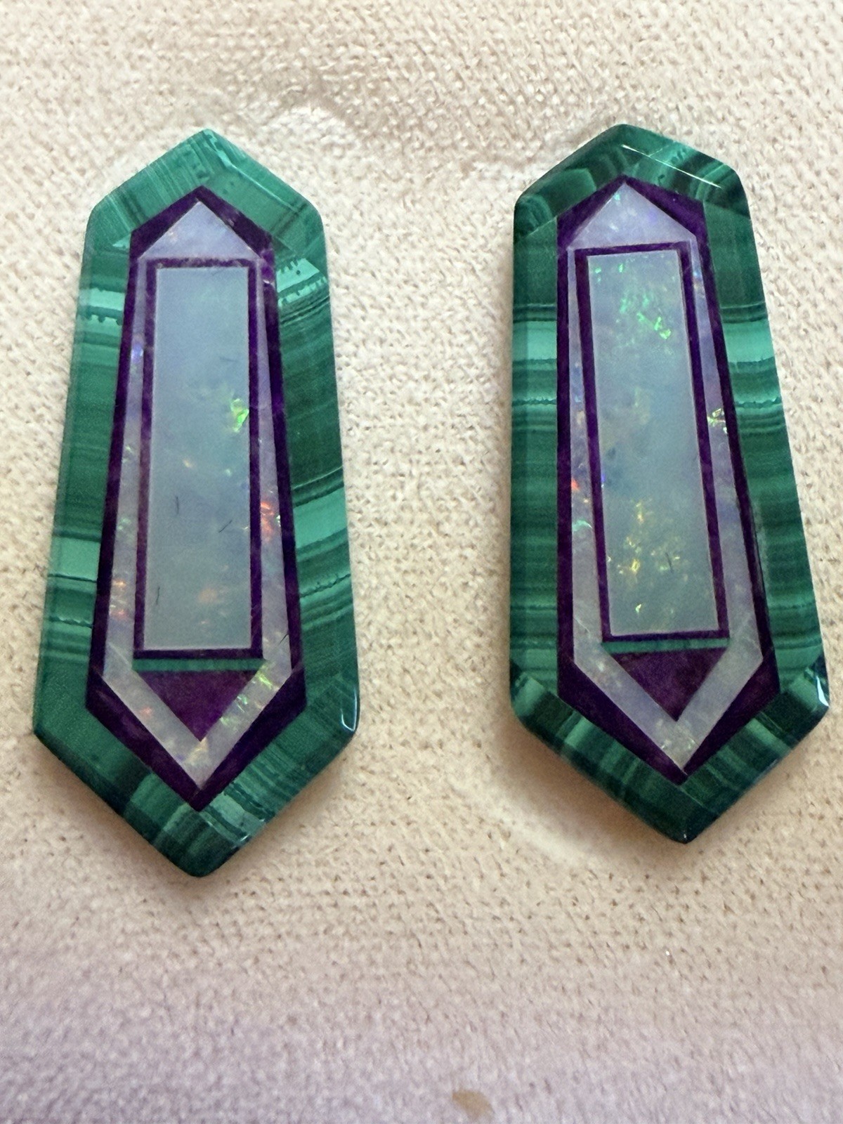 Jim Kaufmann Malachite Opal Sugilite Intarsia Pair 23.9ct Signed JK 8NO Beautifu