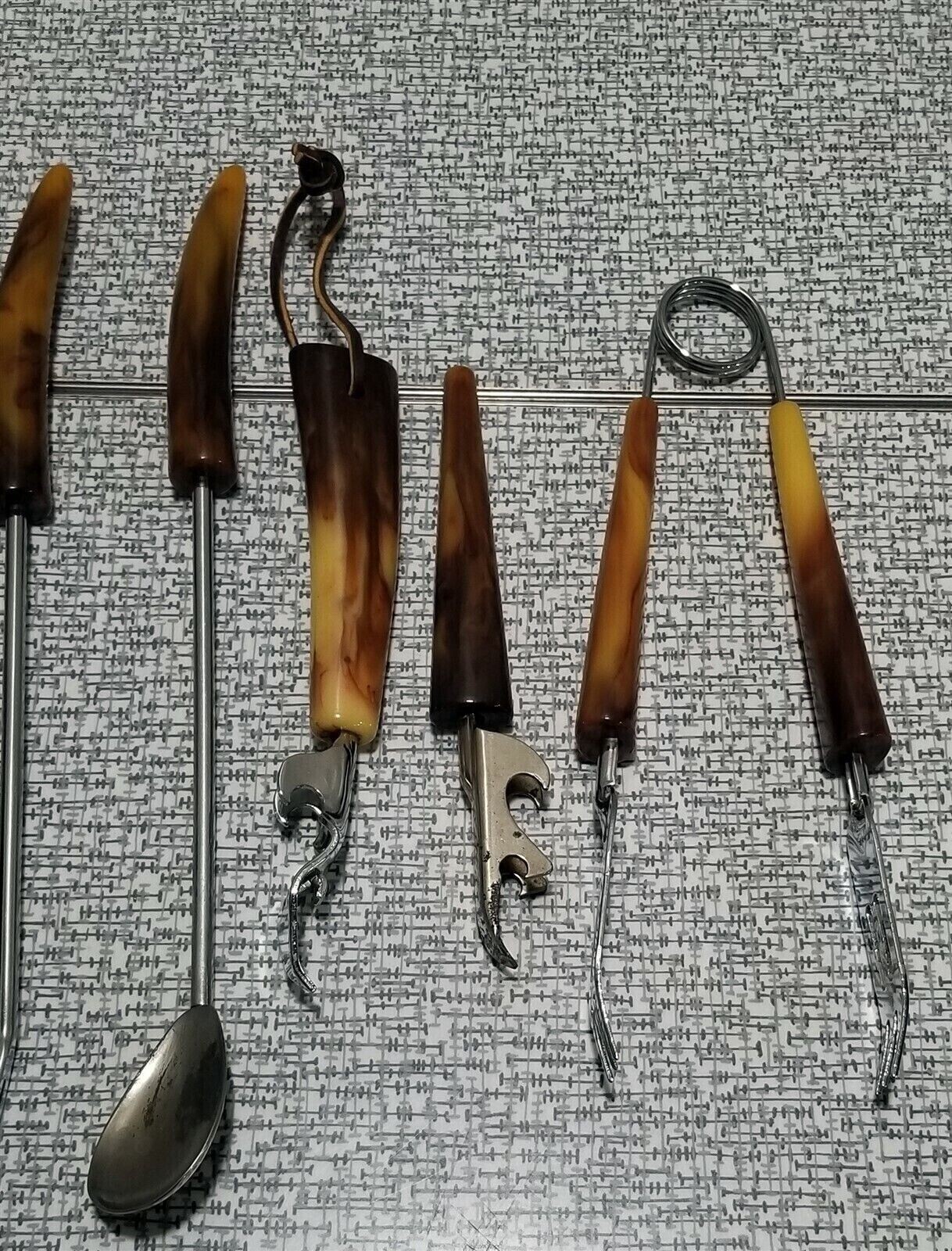 Vintage SET of 6 Barware UTENSILS Bar Tools Marbled BAKELITE HANDLES Sheffield