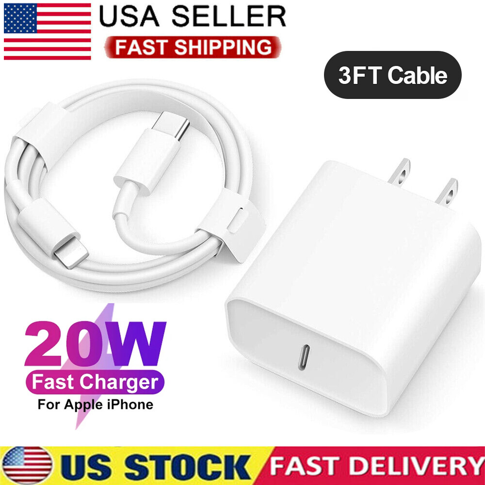 20W PD USB-C Fast Wall Charger Adapter Power 3ft Cable for iphone14 13 12 11Pro
