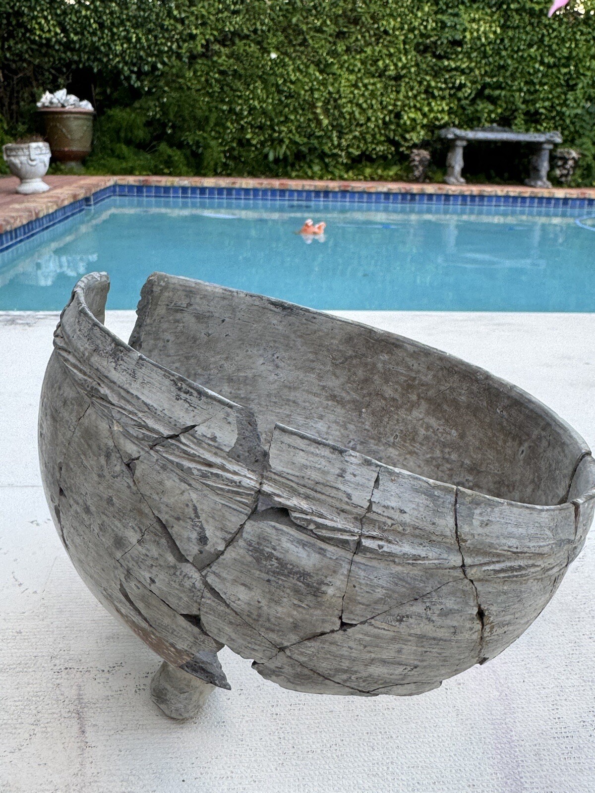 Native American PreColombian Rebuilt Footed Bowl Red Swirl Pattern Pottery Bowl