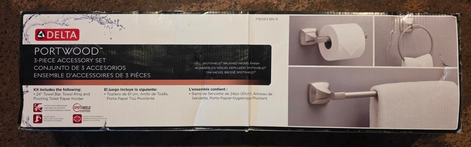 Delta Portwood PWD63-BN-R 3 Piece Set Towel Bar/Ring Paper Holder Brushed Nickel