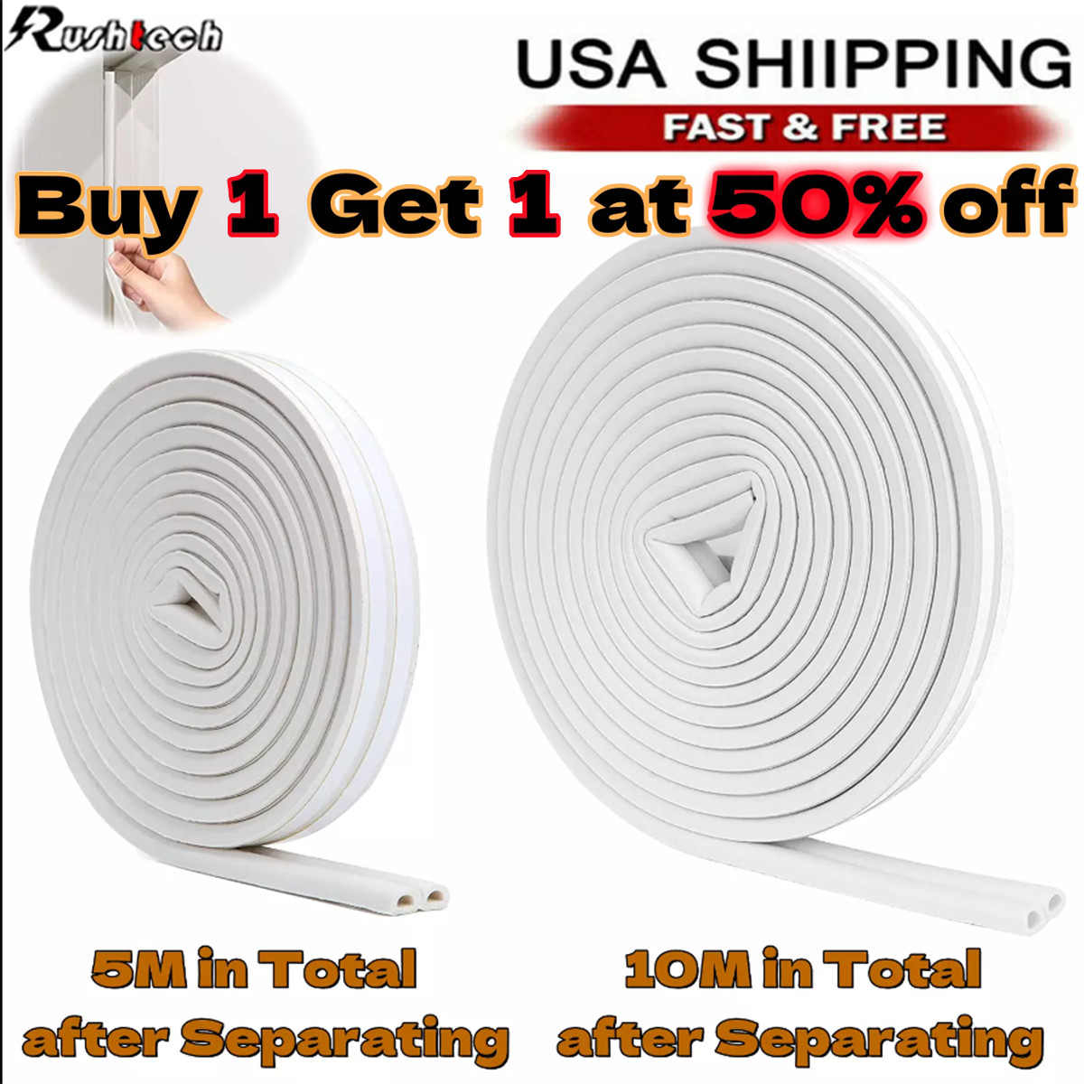 Self-Adhesive Door Window Weather Stripping Insulation Seal Strip White US