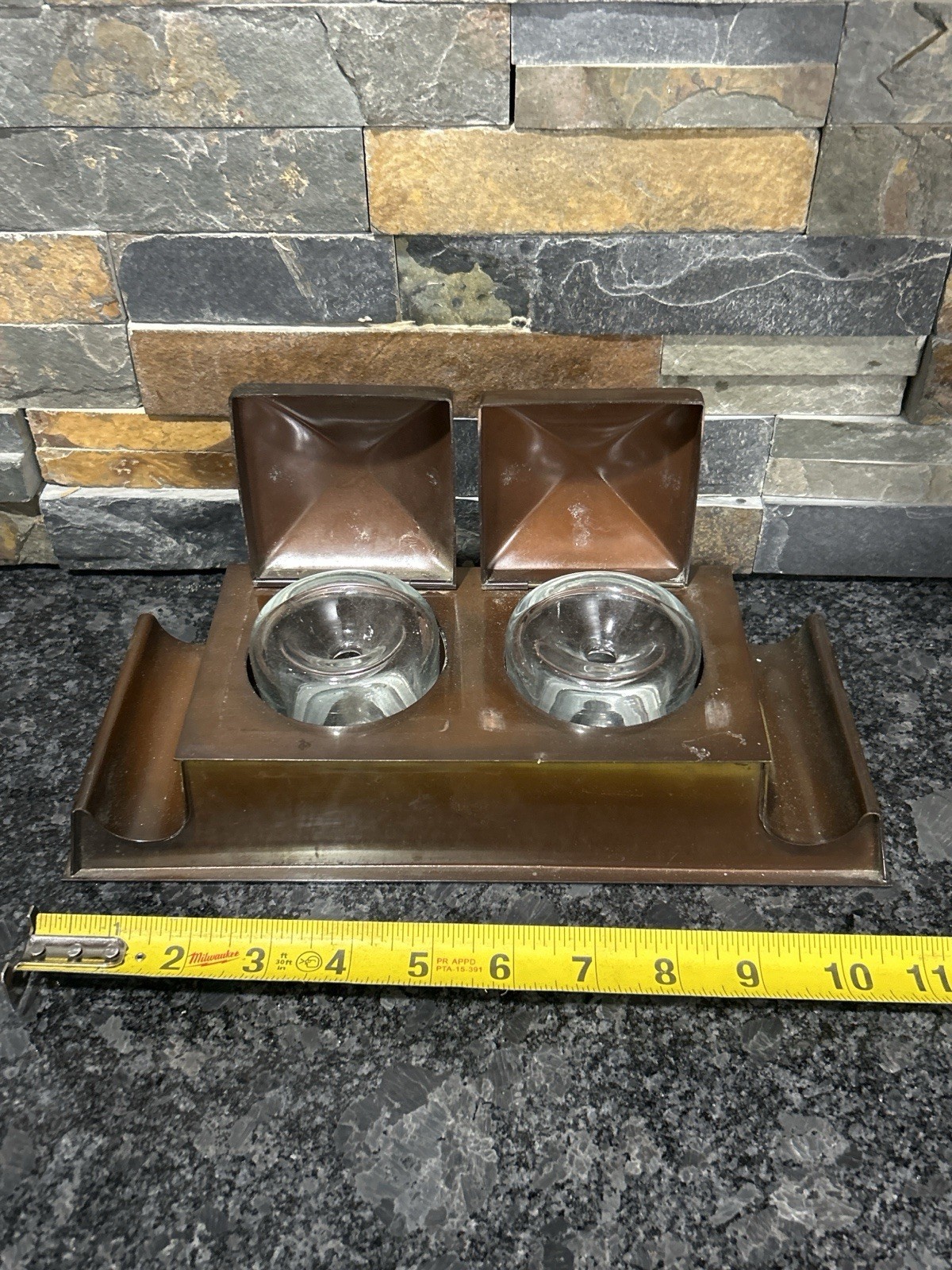 Antique Copper Brass Double Inkwell Desk Set Arts Crafts Glass Inserts