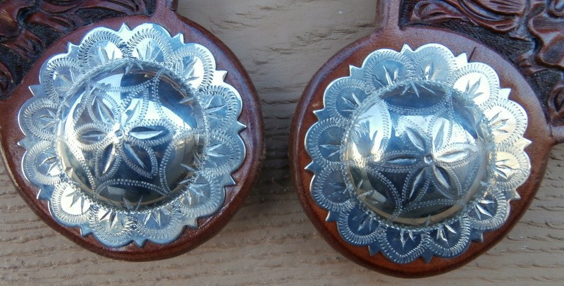Visalia Style Scalliped Edge Domed 2 in.Silver Concho Tooled Spur Straps