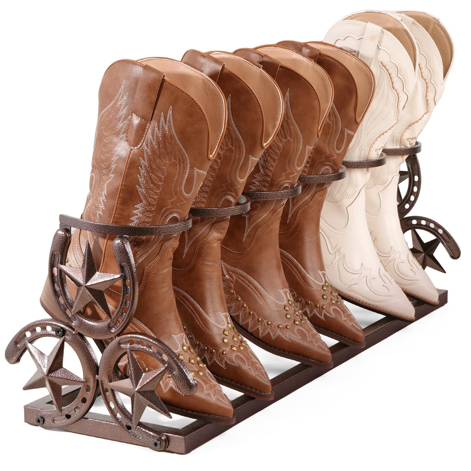 Western Horseshoe Boot Rack, 3 Pairs Freestanding Metal Boot Stand, Adjustabl...
