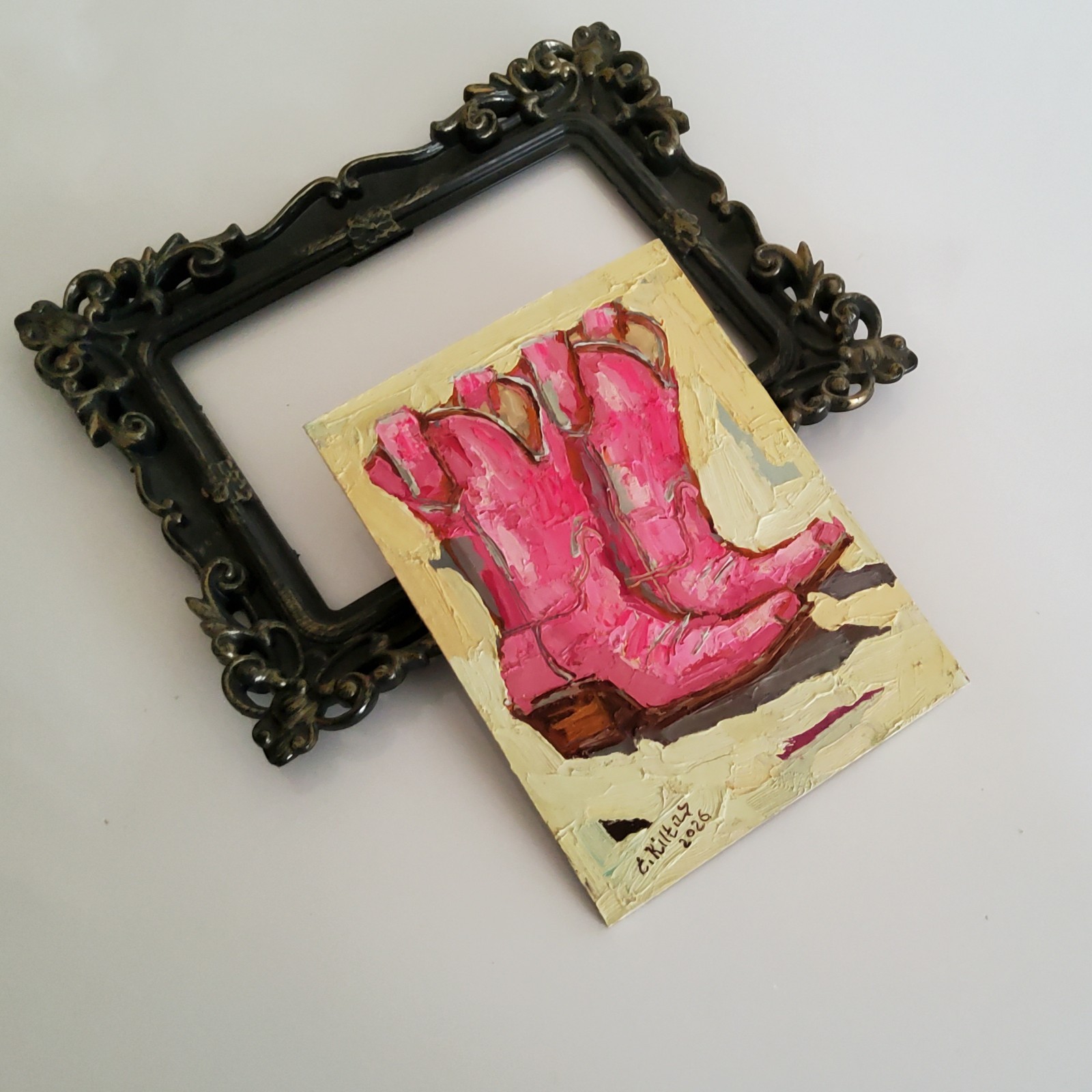 Pink Cowgirl Boots Cowboy Painting Original Oil Art Abstract Modern Wall Artwork