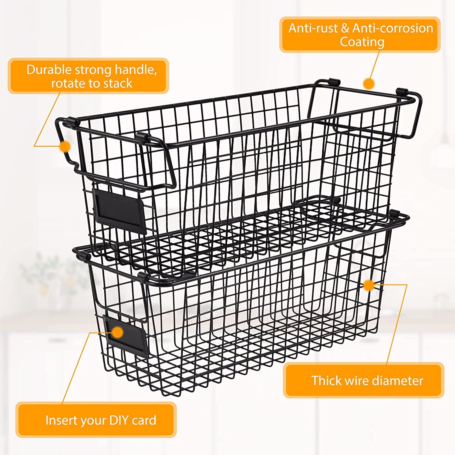 Brand New -- Stackable Wire Basket Storage Shelf Organizer with Handles 4 pack
