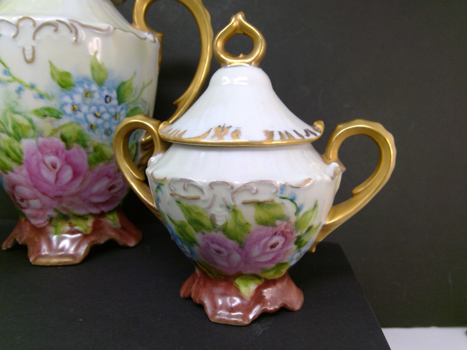 Vintage Gand Painted Roses Coffee Pot Creamer & Sugar Set