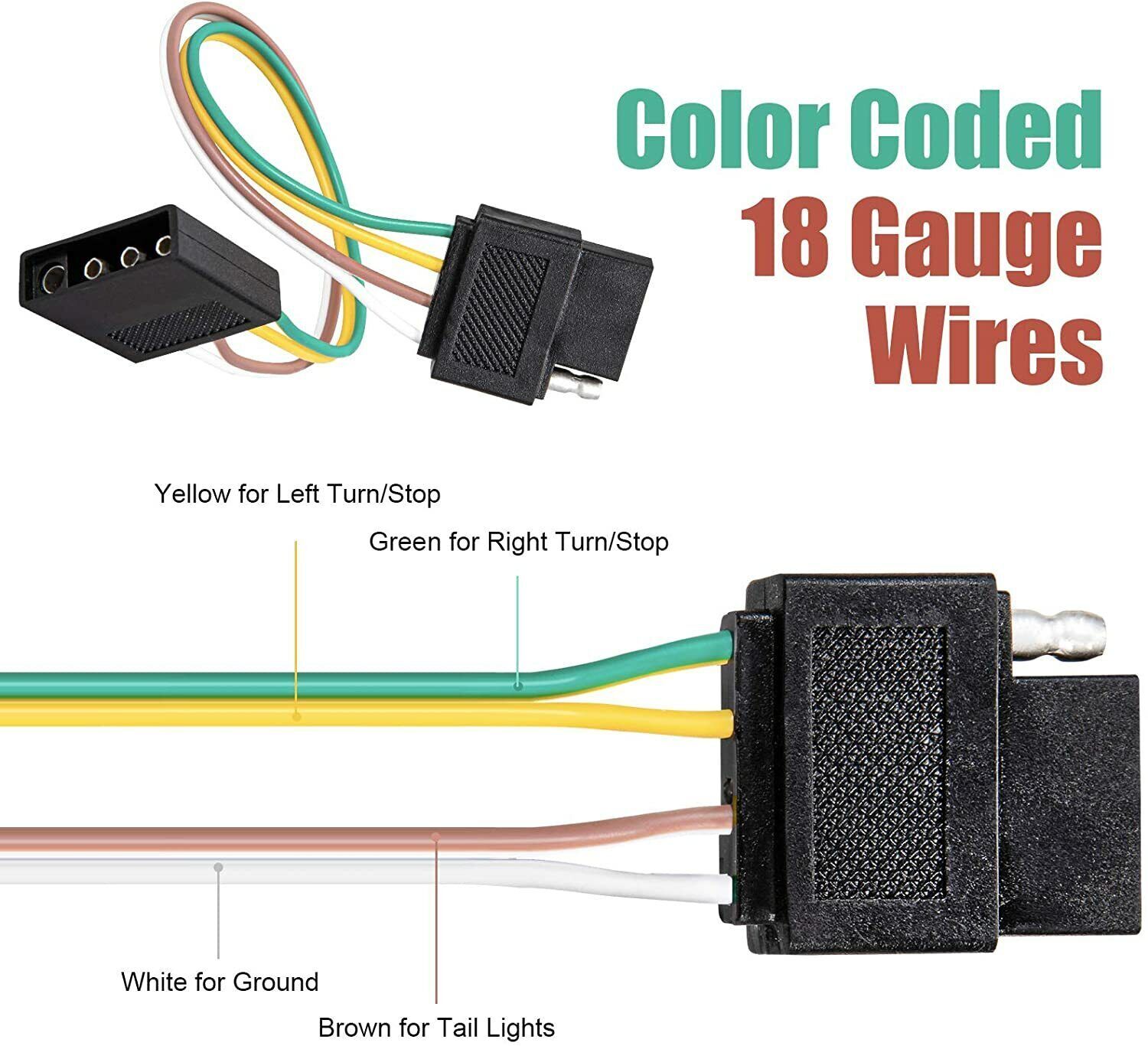 2ft Trailer Light Wiring Harness Extension 4-Pin Plug 18 AWG Flat Wire Connector