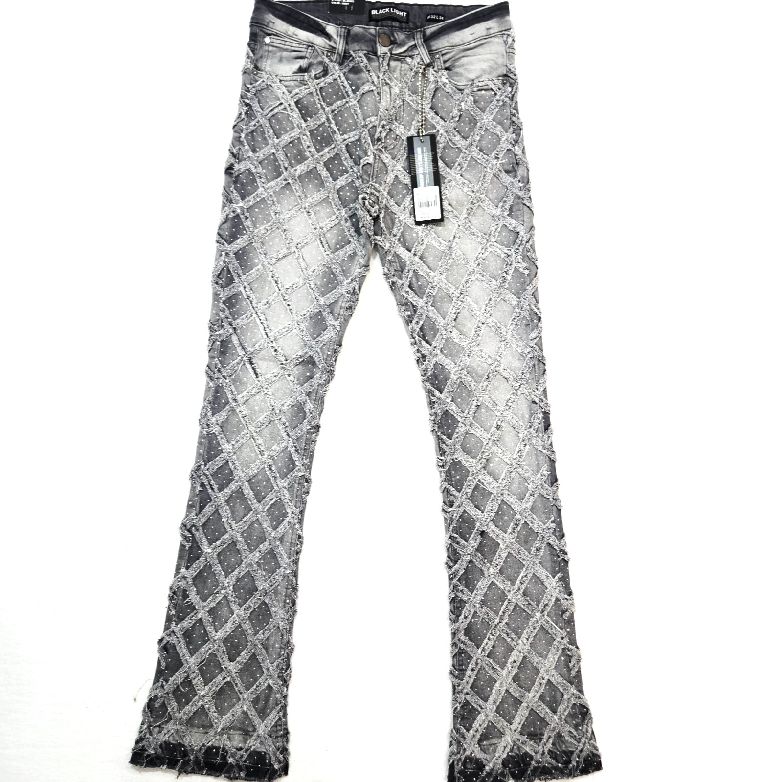 Black Light Men Jeans Stretch Slim Straight Flare Fit Grey Denim with Rhinestone