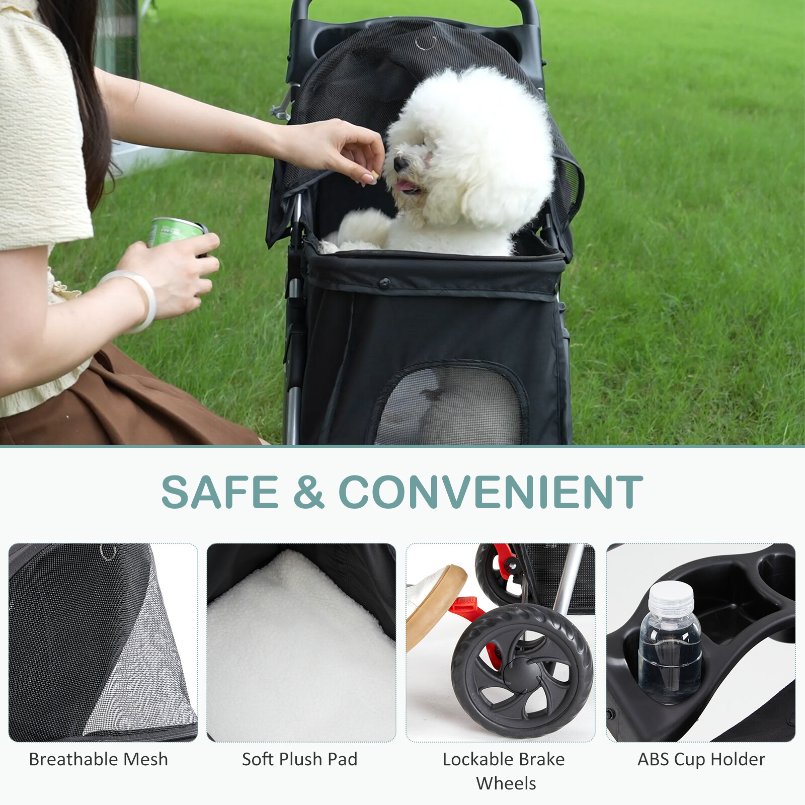 Pet Stroller Storage Basket Cup Holder Foldable Small to Medium Cat Dog 3-Wheel