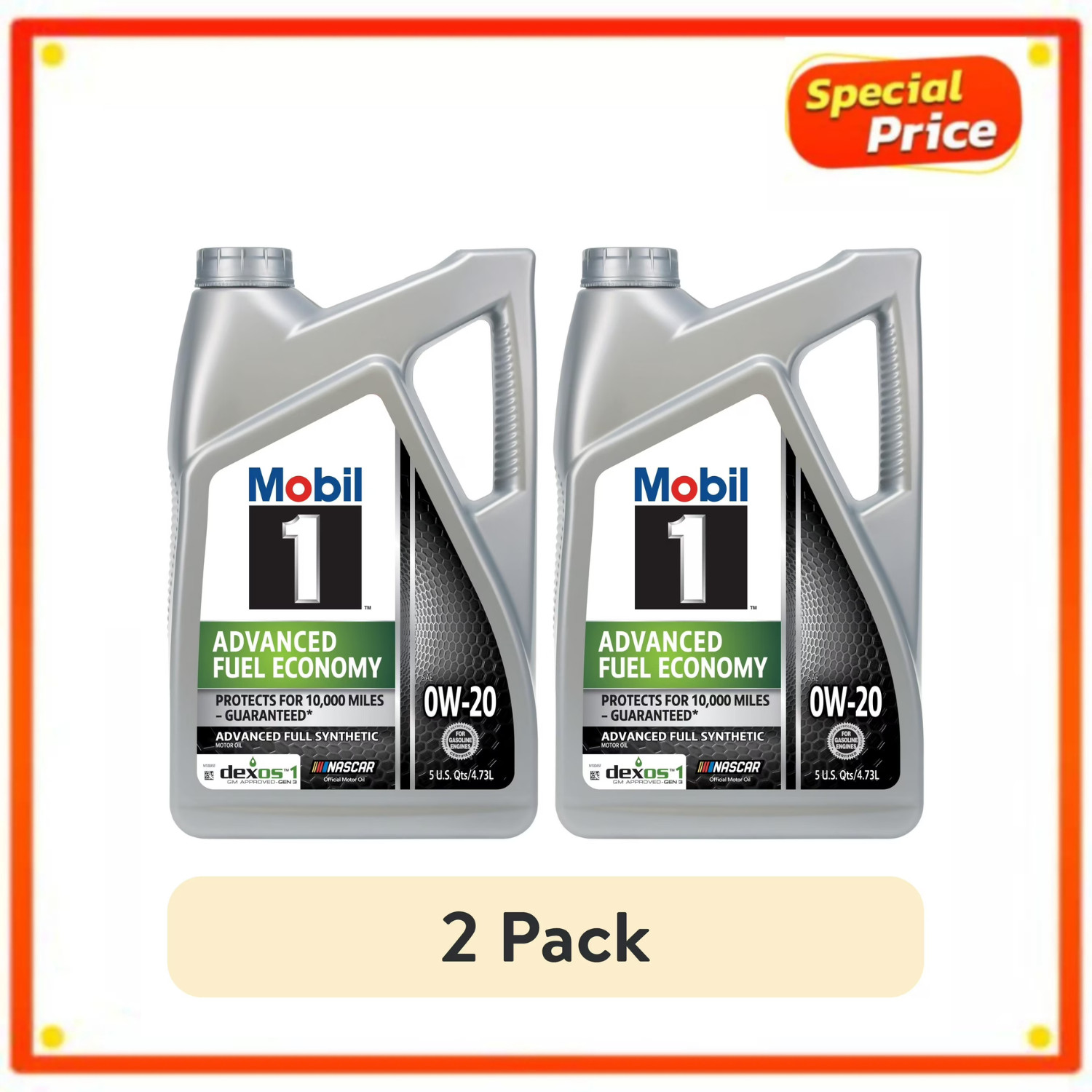 (2 pack) Mobil 1 Advanced Fuel Economy Full Synthetic Motor Oil 0W-20, 5 Quart