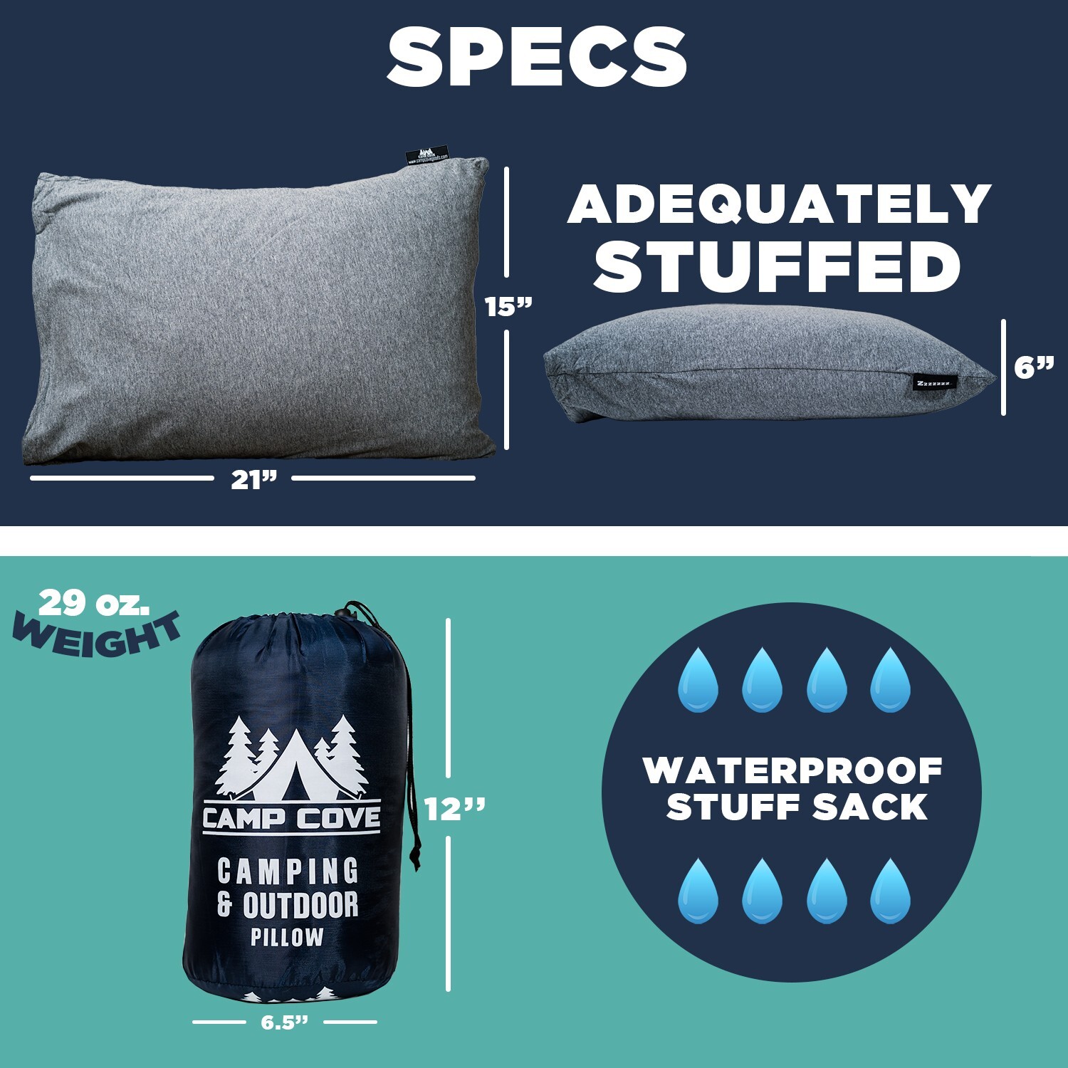 CAMP COVE Camping Pillow Jersey Cotton Shredded Memory Foam 15x21 NEW Travel