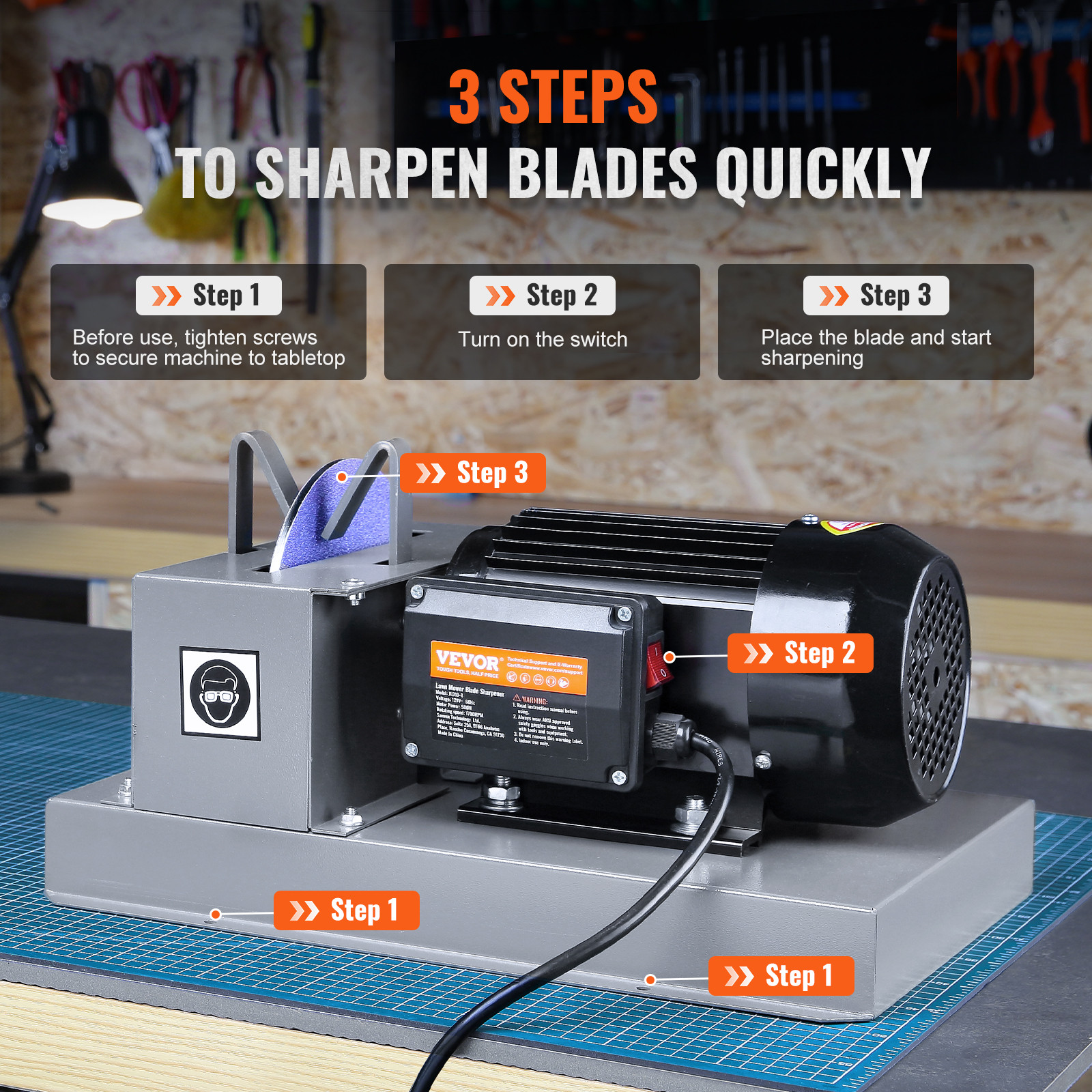 VEVOR Lawn Mower Blade Sharpener 2/3HP 500W with 7-inch Ceramic Grinding Wheel