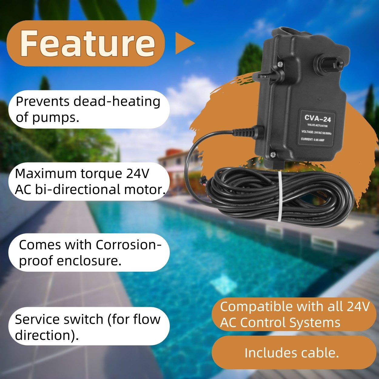 for Pentair Compool, Jandy/Zodiac,Hayward 263045 CVA-24T Valve Actuator 24V