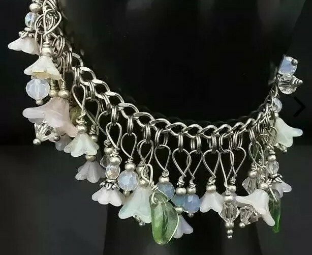 VTG Sterling Charm Braclet Pastel Dangle Opalescent Beads Flower Glass Lampwork
